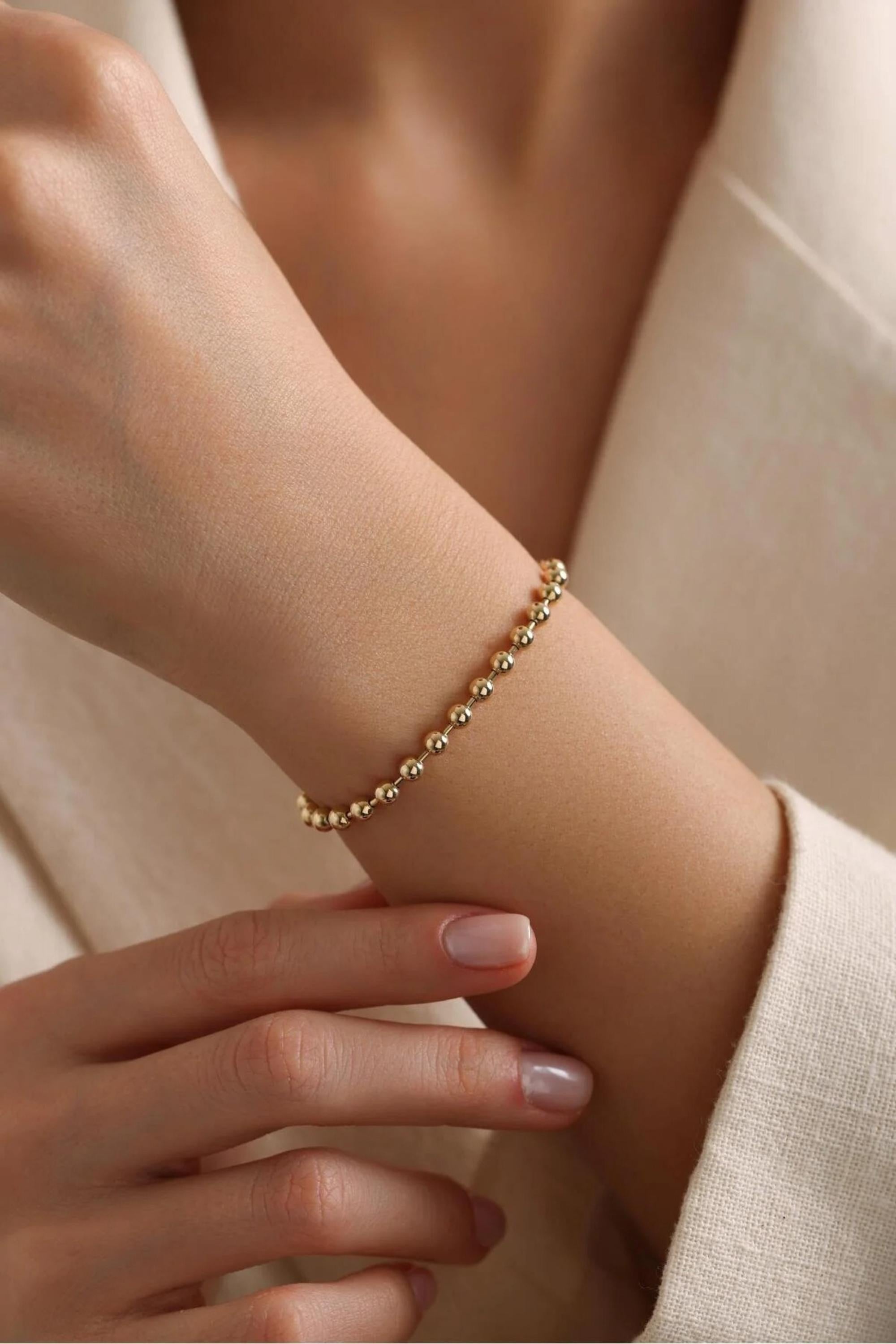 14K Gold 4mm Beaded Chain Bracelet, Dainty Gold Bracelet, Minimalist Everyday Jewelry, Stackable Gold Bead Bracelet, Gift for Her