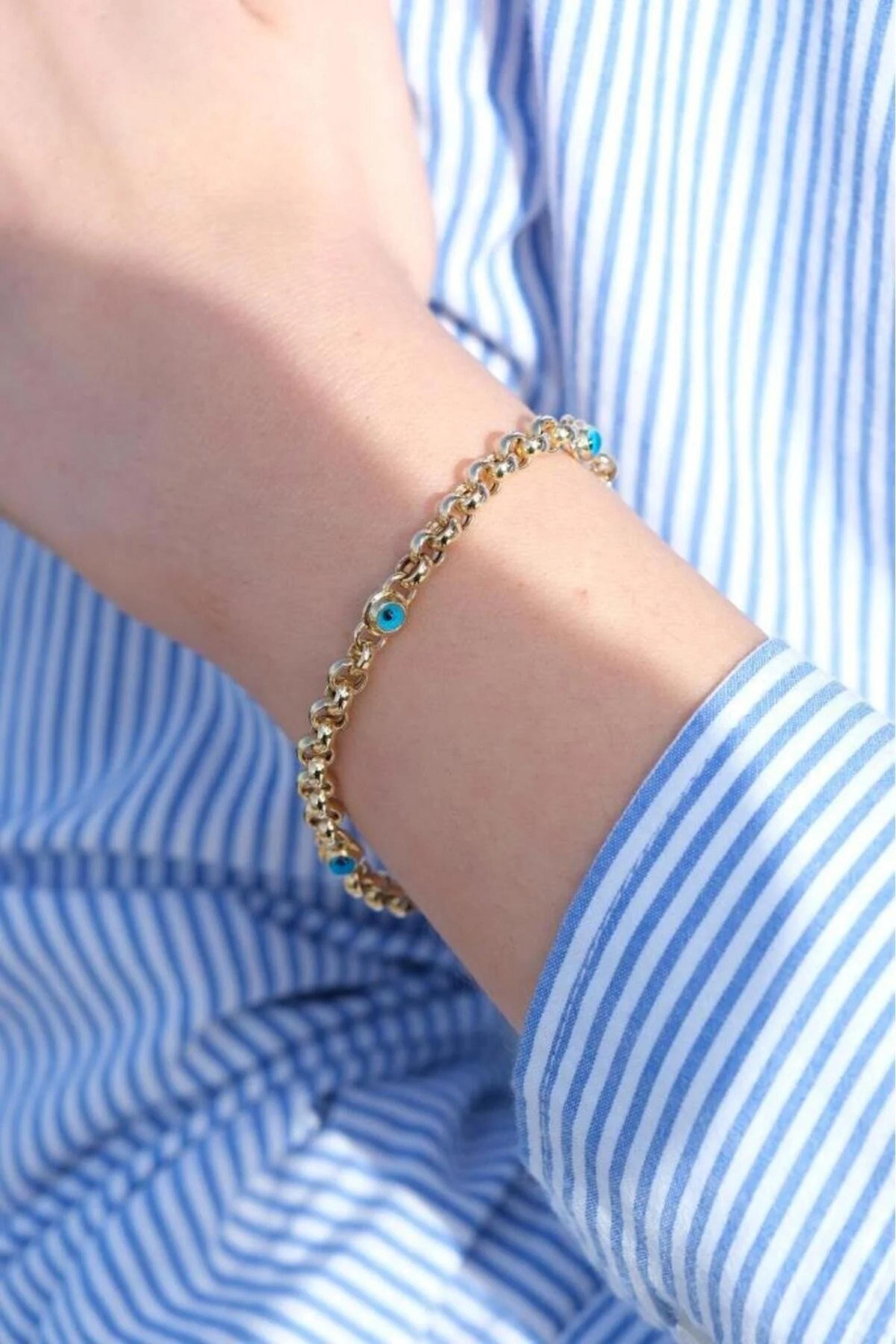14K Gold 5mm Evil Eye Bracelet, Dainty Gold Bracelet, Protection Jewelry, Minimalist Everyday Bracelet, Stackable Gold Bracelet for Her