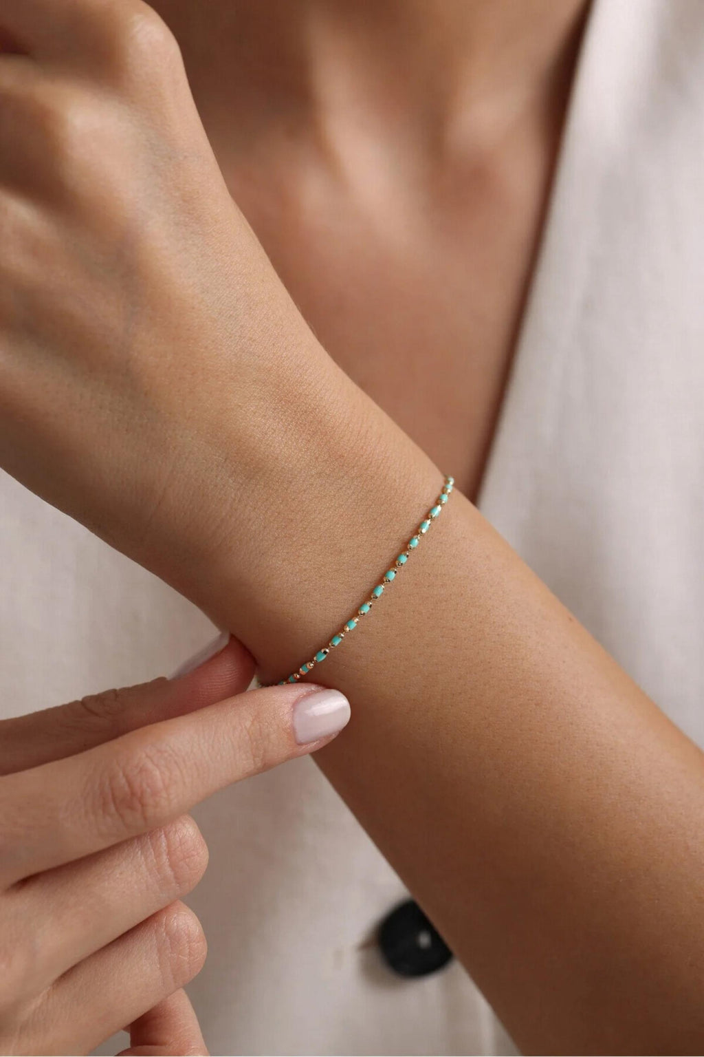 14K Gold 1.5mm Turquoise Beaded Bracelet, Dainty Gold Bracelet, Minimalist Everyday Jewelry, Stackable Bead Bracelet, Gift for Her