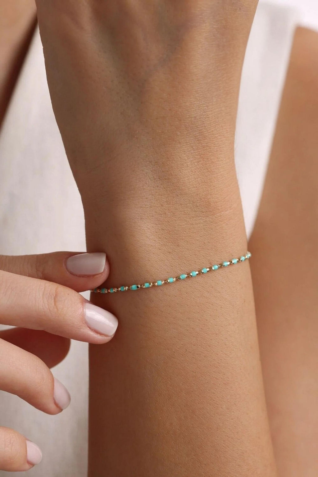 14K Gold 1.5mm Turquoise Beaded Bracelet, Dainty Gold Bracelet, Minimalist Everyday Jewelry, Stackable Bead Bracelet, Gift for Her