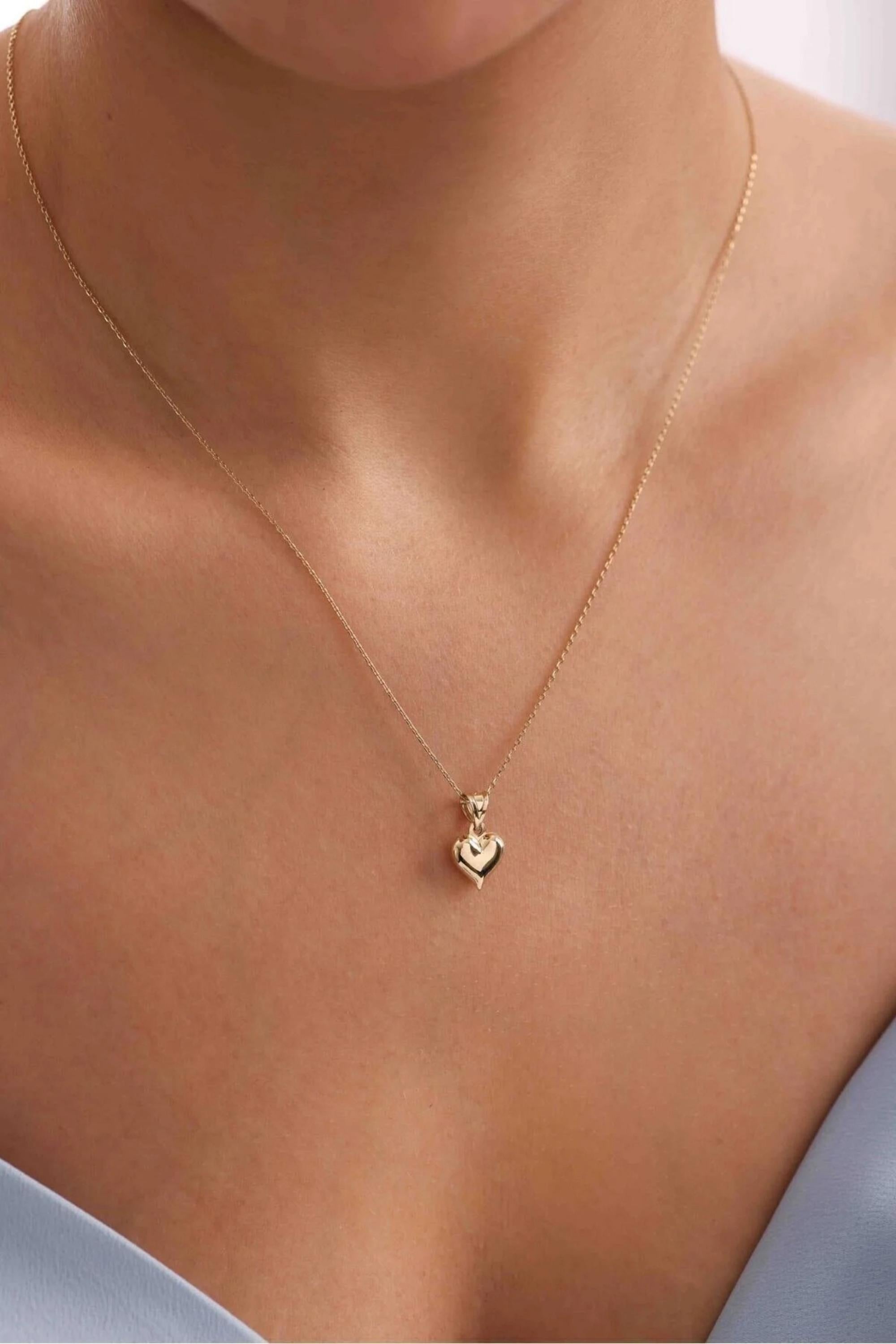 14K Gold Puff Heart Necklace, Dainty Gold Necklace, Minimalist Everyday Jewelry, Stackable Gold Necklace, Gift for Her, Valentines Gift