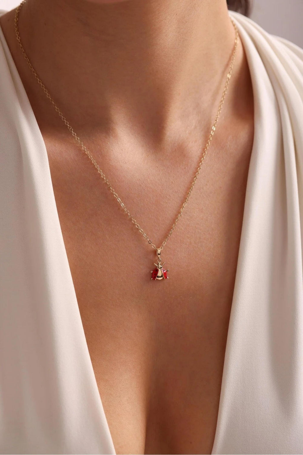 14K Gold Ladybug Necklace, Dainty Gold Necklace, Lucky Charm Jewelry, Minimalist Everyday Necklace, Stackable Gold Necklace, Gift for Her