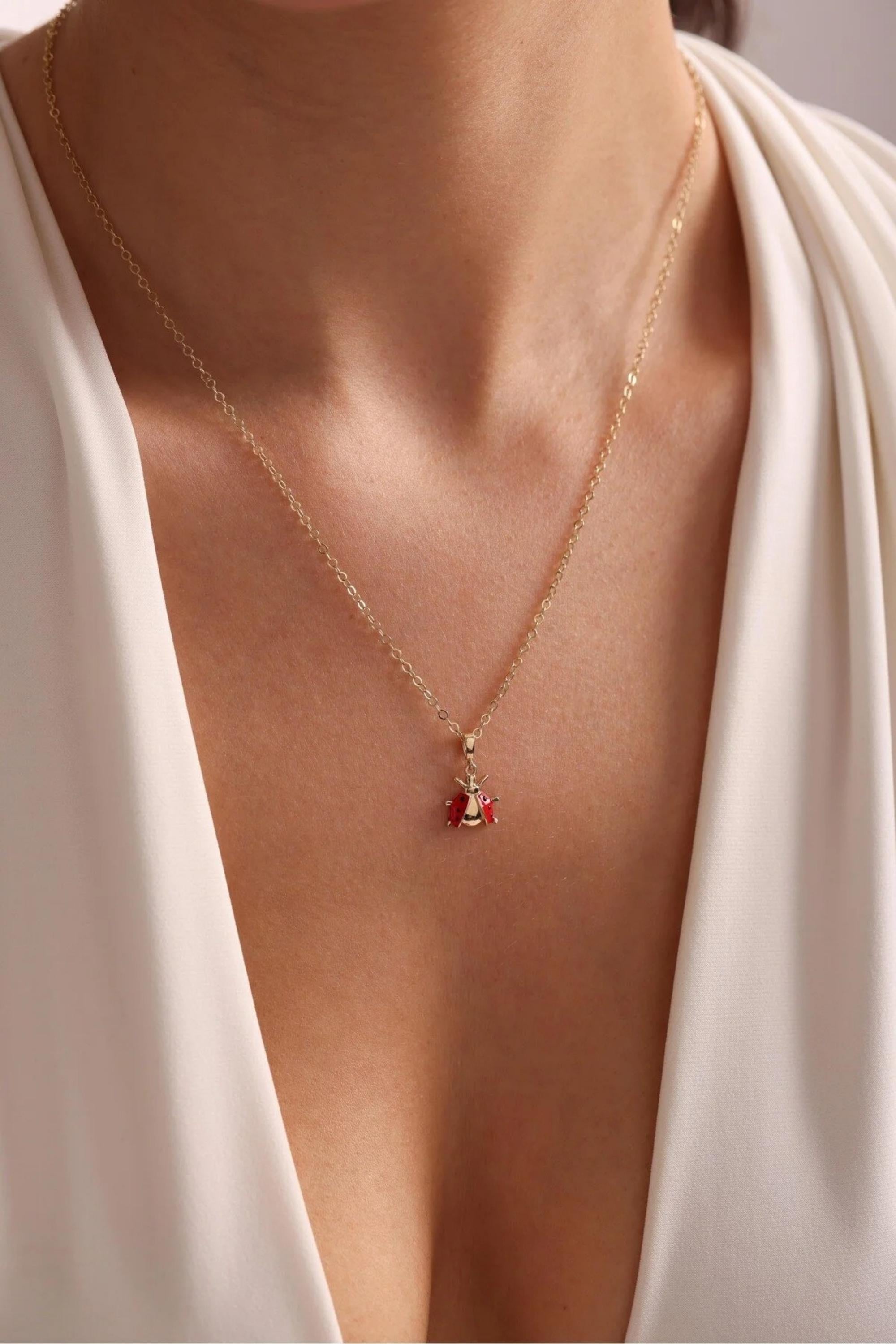 14K Gold Ladybug Necklace, Dainty Gold Necklace, Lucky Charm Jewelry, Minimalist Everyday Necklace, Stackable Gold Necklace, Gift for Her