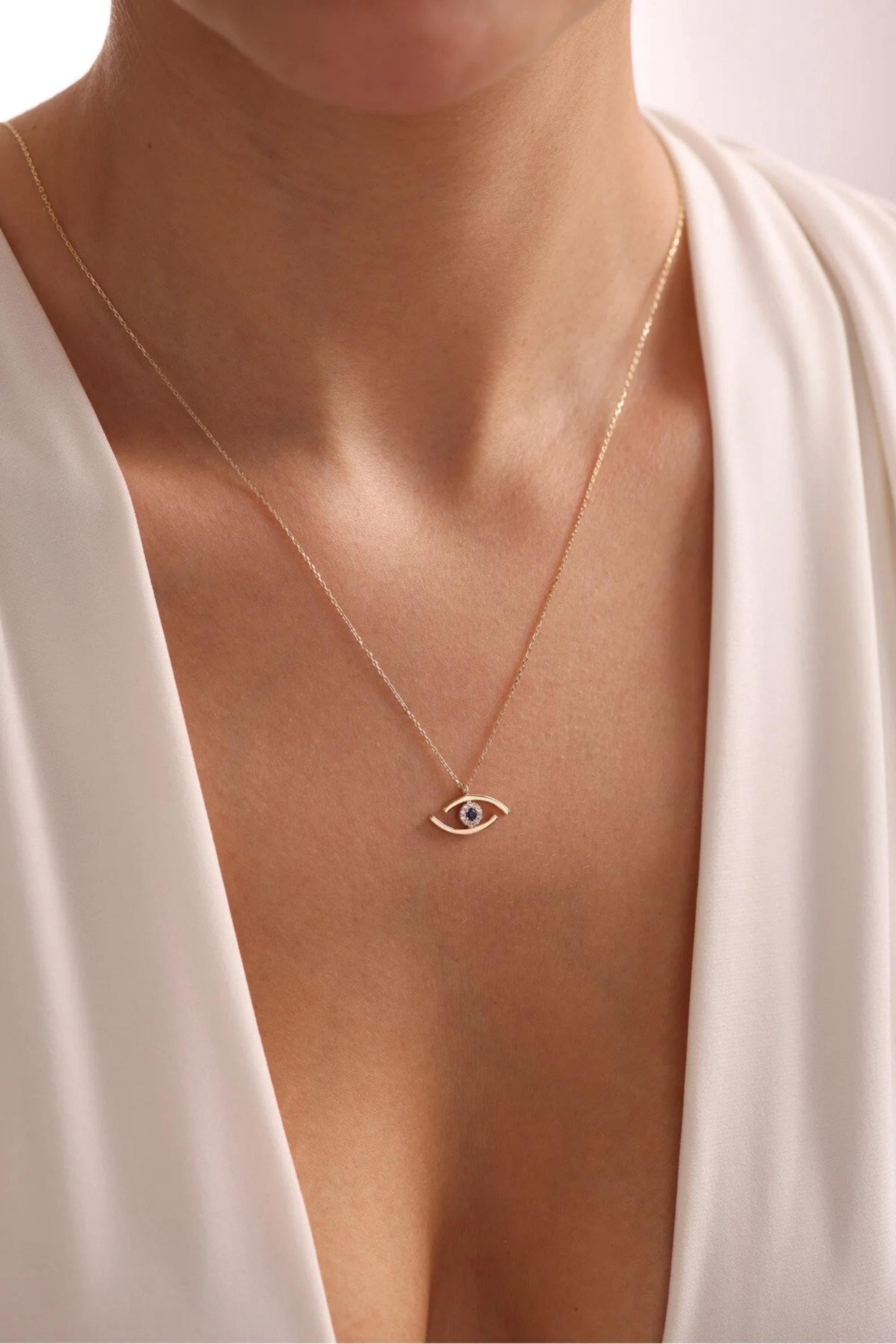 14K Gold Evil Eye Necklace, Dainty Gold Chain Necklace, Protection Jewelry, Minimalist Everyday Necklace, Stackable Gold, Gift for Her