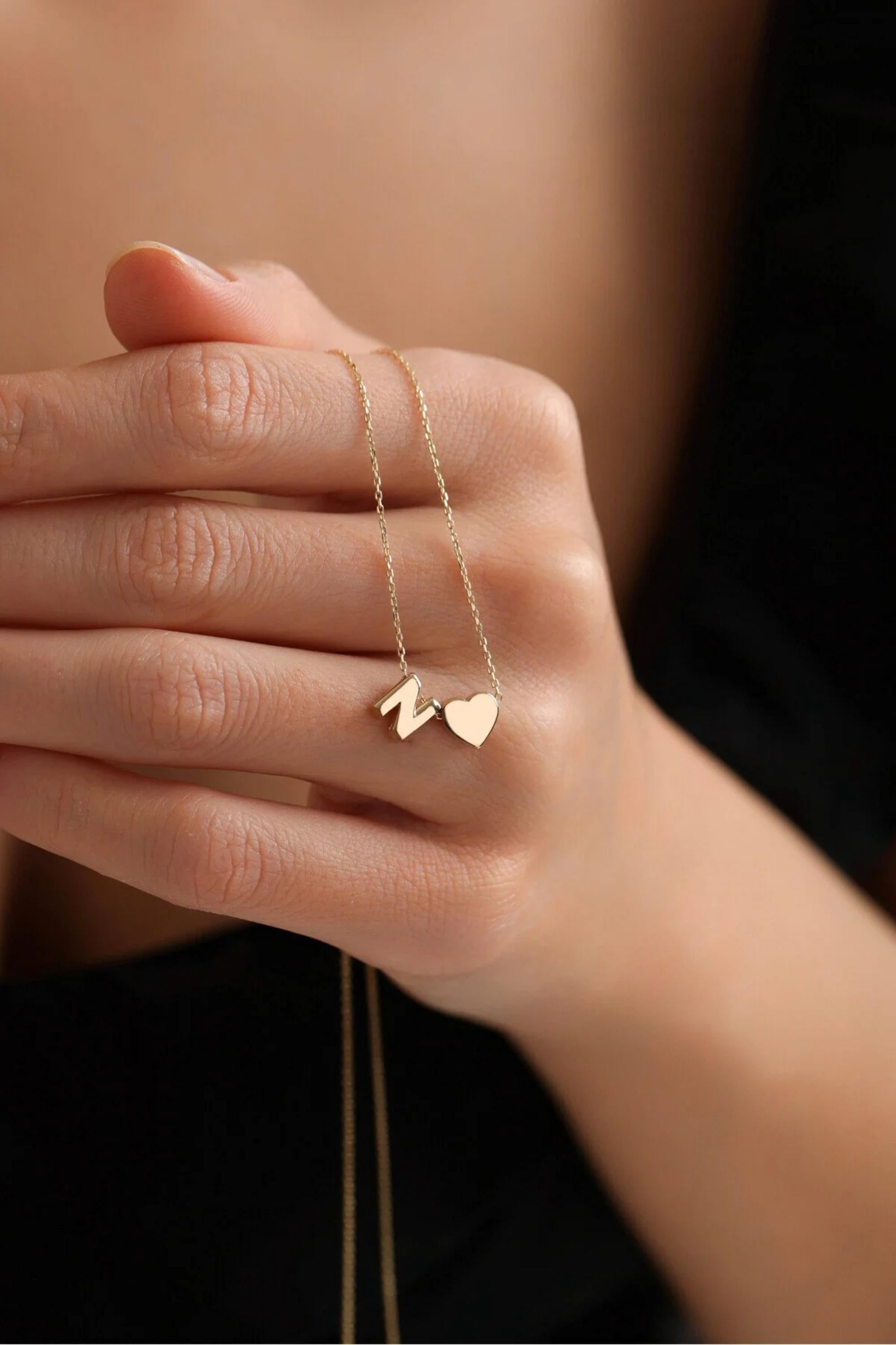 14K Gold Heart Initial Necklace, Personalized Gold Necklace, Dainty Letter Necklace, Minimalist Everyday Jewelry, Gift for Her