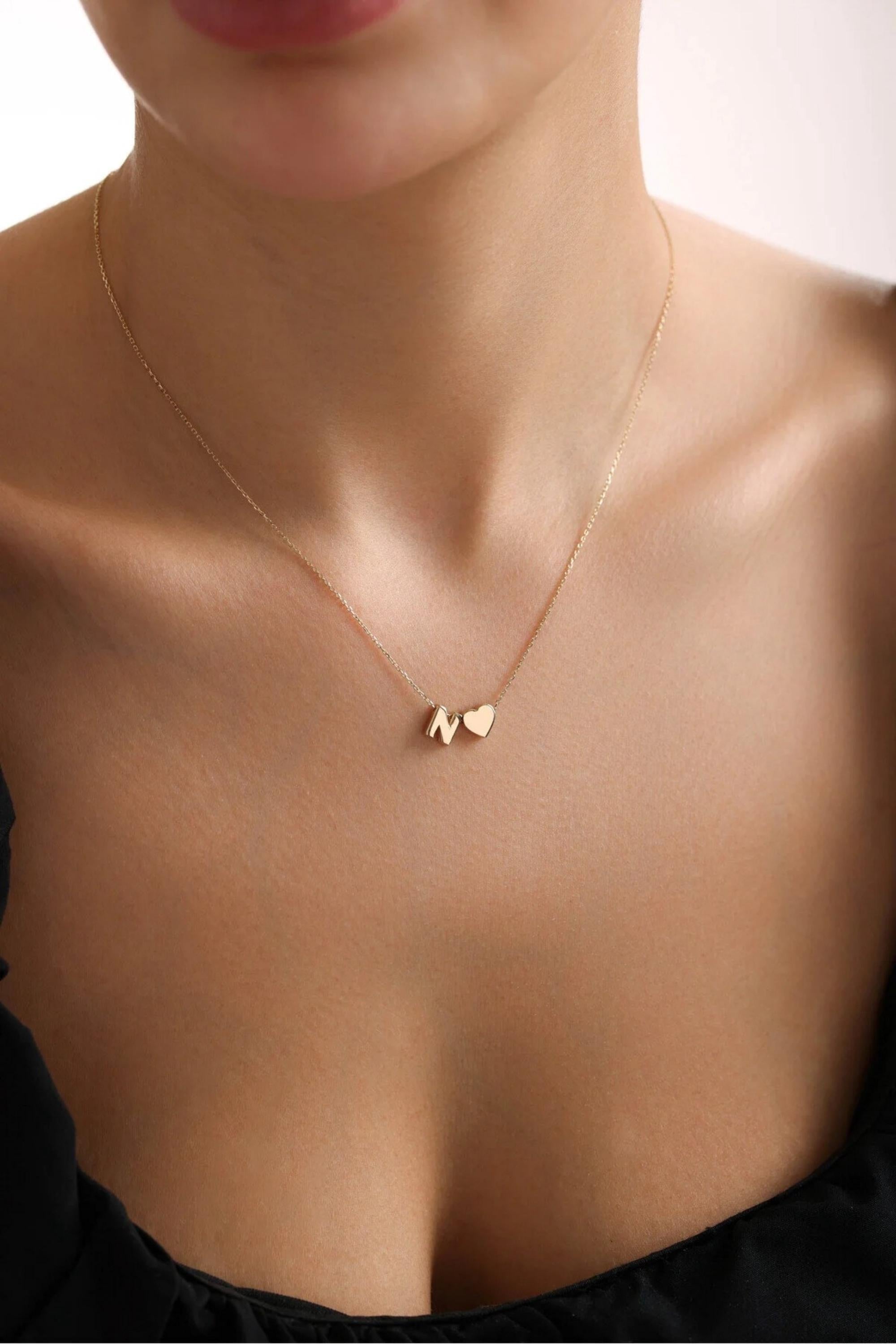 14K Gold Heart Initial Necklace, Personalized Gold Necklace, Dainty Letter Necklace, Minimalist Everyday Jewelry, Gift for Her