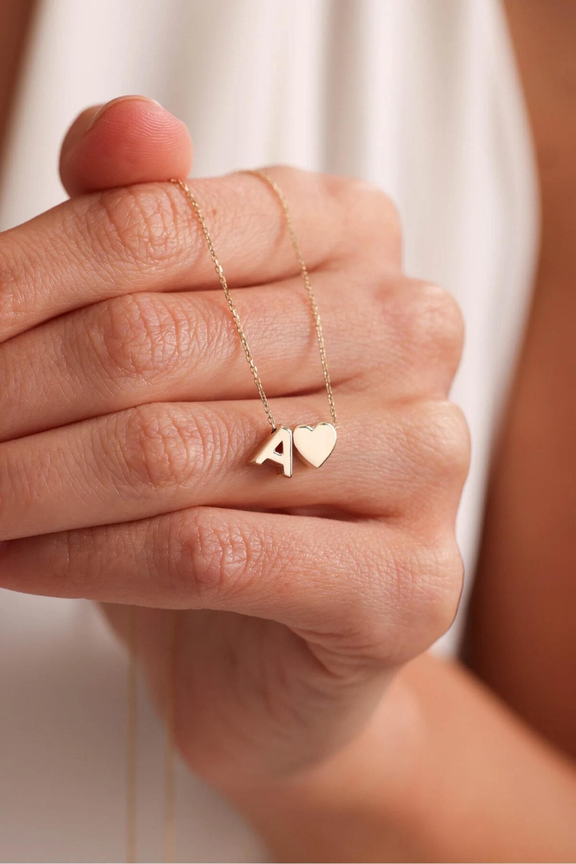 14K Gold Heart Initial Necklace, Personalized Gold Necklace, Dainty Letter Necklace, Minimalist Everyday Jewelry, Gift for Her