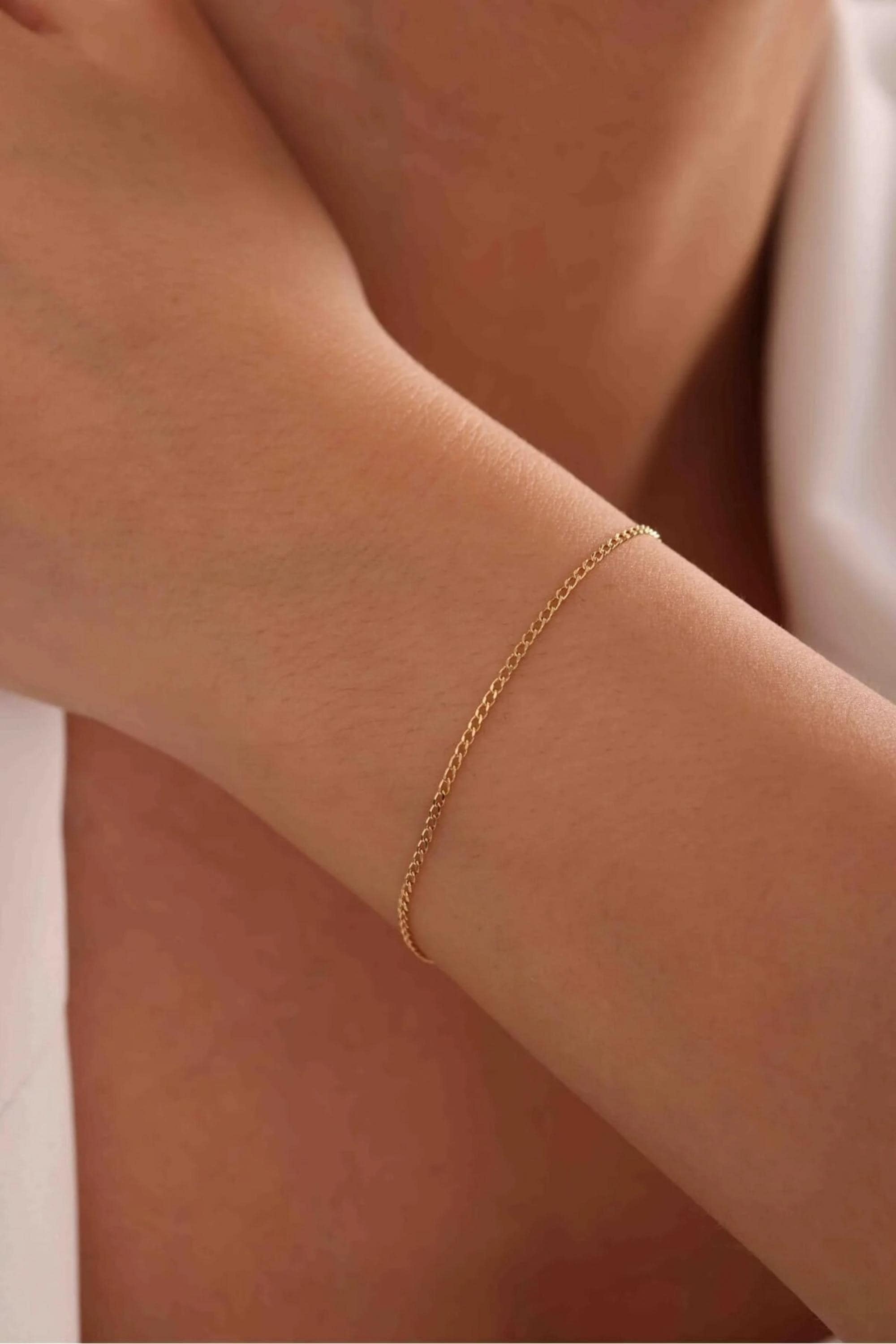 14K Gold 2mm Cuban Link Bracelet, Dainty Gold Bracelet, Minimalist Everyday Jewelry, Stackable Gold Chain Bracelet, Gift for Her