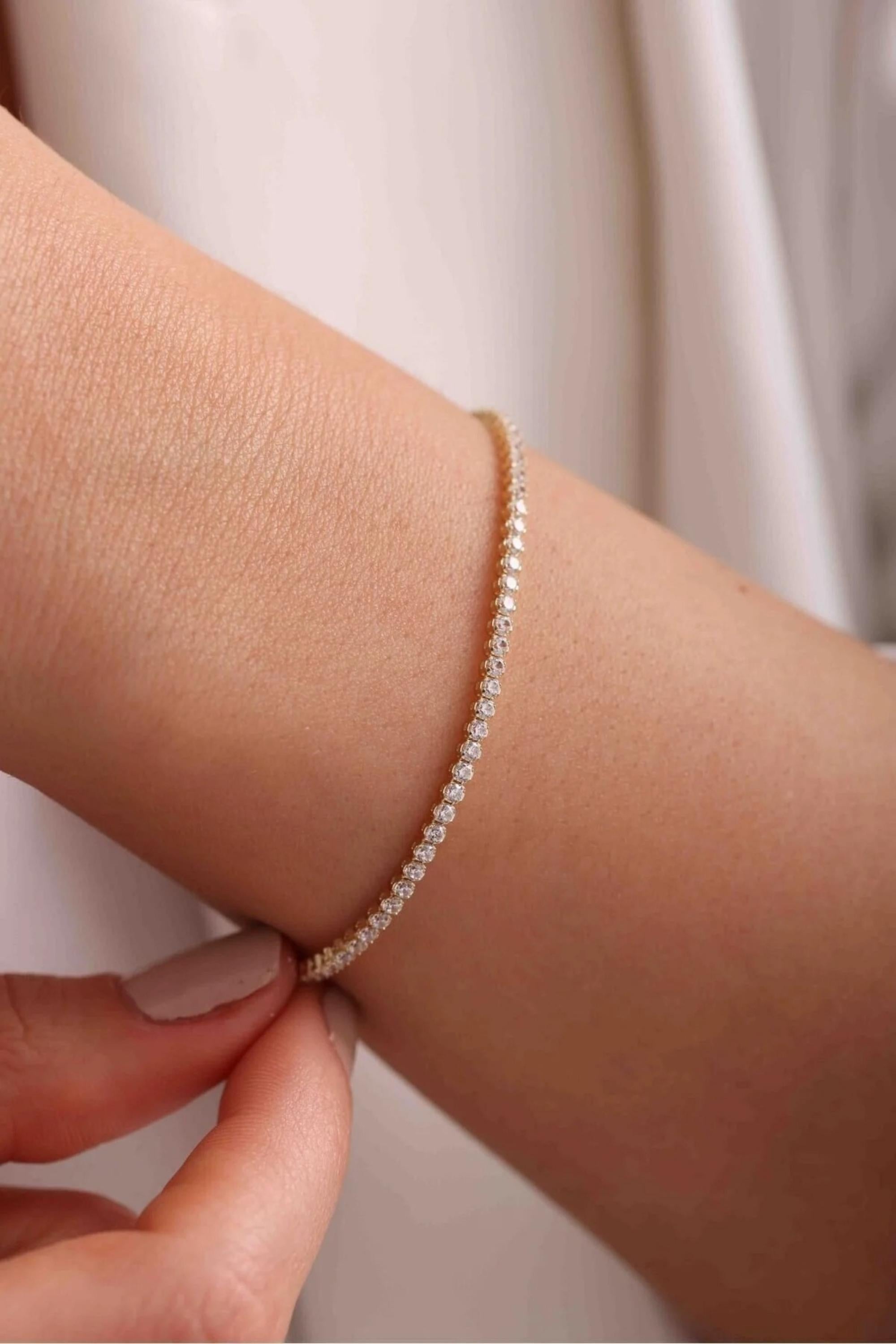 14K Gold 2mm Tennis Bracelet, Dainty Gold Bracelet, Minimalist Everyday Jewelry, Stackable Diamond-Style Bracelet, Gift for Her