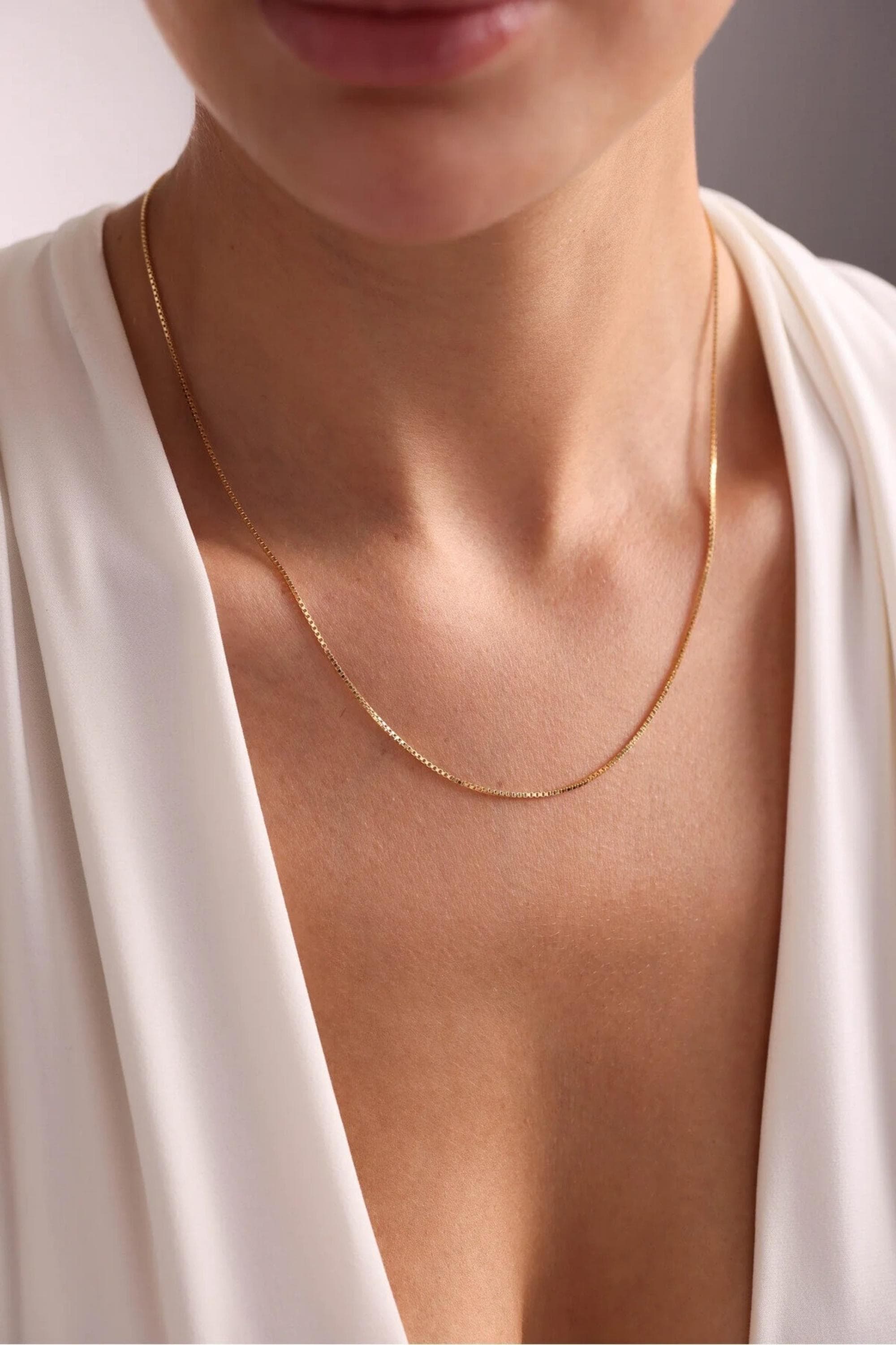 14K Gold 1mm Box Chain Necklace, Dainty Gold Chain Necklace, Minimalist Everyday Jewelry, Layering & Stackable Gold Necklace, Gift for Her