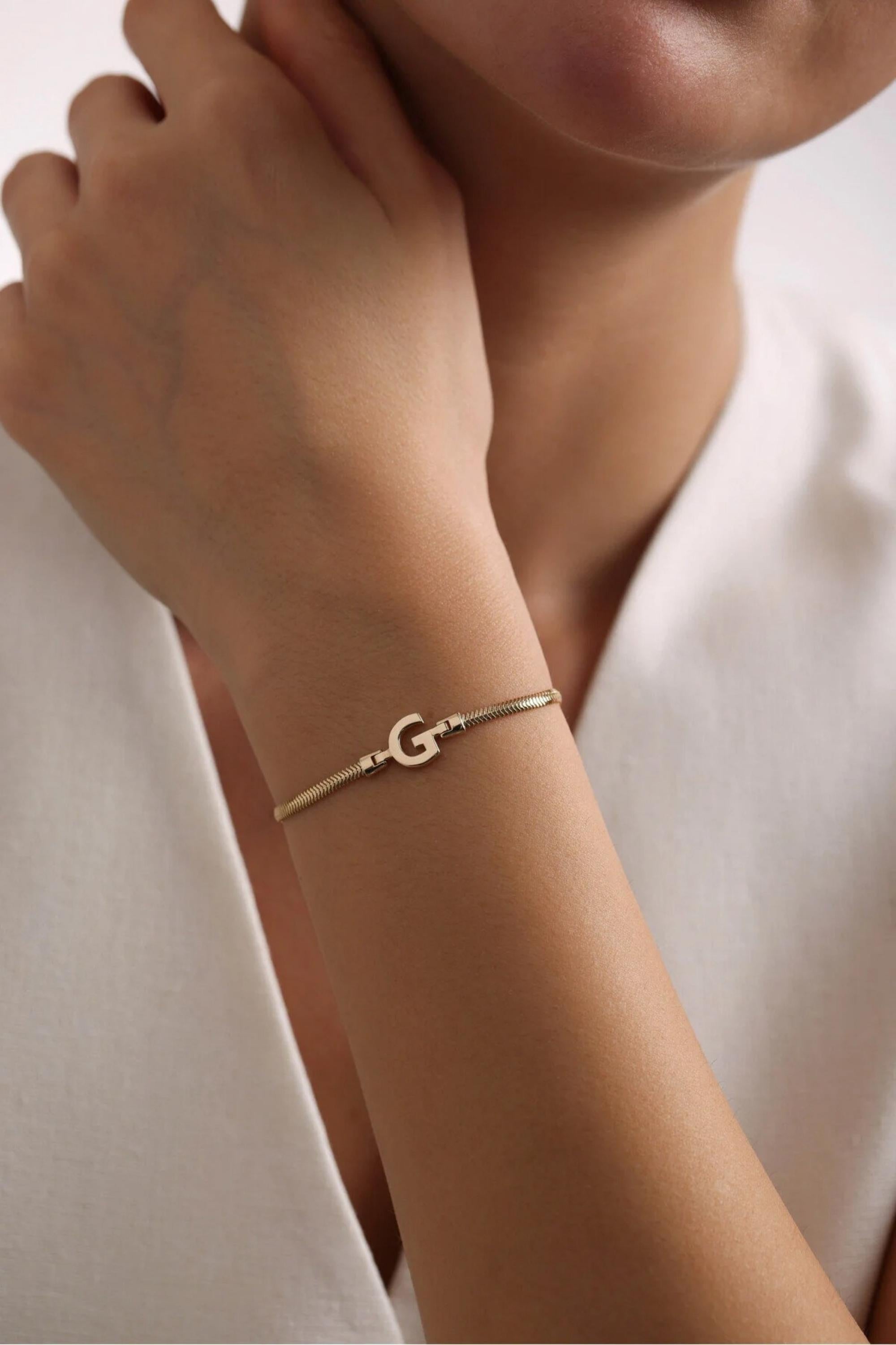 14K Gold 2.50mm Snake Chain Initial Bracelet, Personalized Gold Bracelet, Dainty Letter Bracelet, Minimalist Everyday Jewelry, Gift for Her