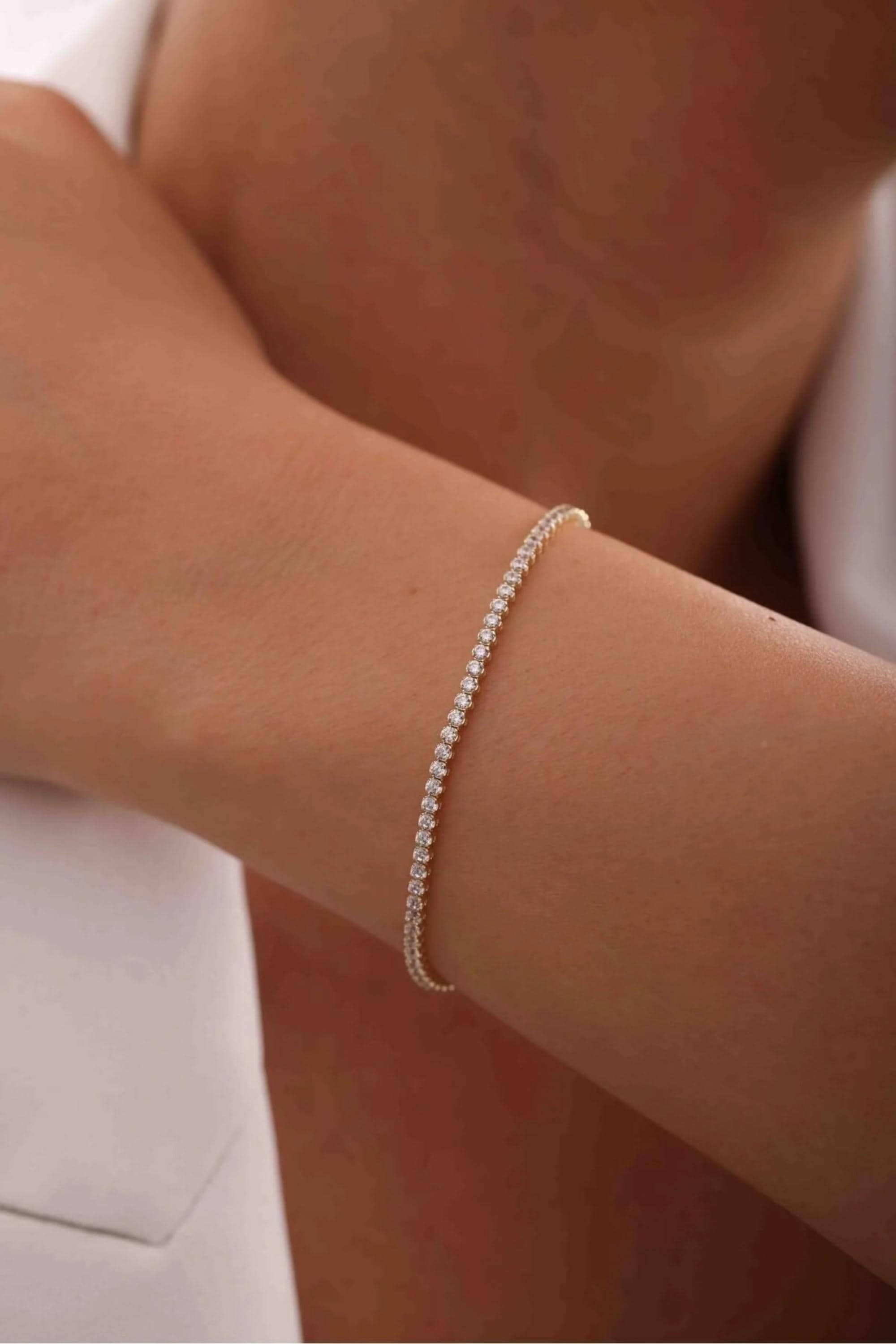 14K Gold 2mm Tennis Bracelet, Dainty Gold Bracelet, Minimalist Everyday Jewelry, Stackable Diamond-Style Bracelet, Gift for Her