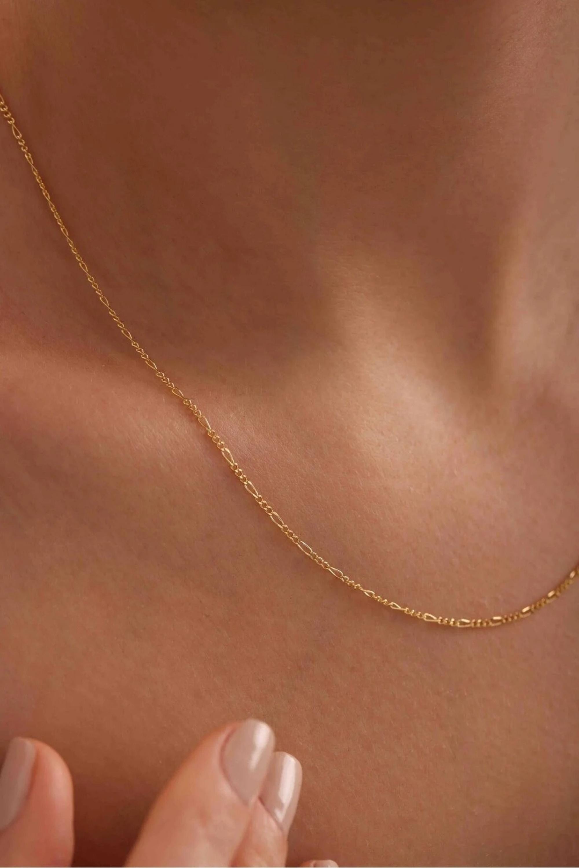 14K Gold 2mm Figaro Link Necklace, Thin Gold Chain, Elegant Layering Necklace, Classic Link Jewelry, Everyday Gift for Women