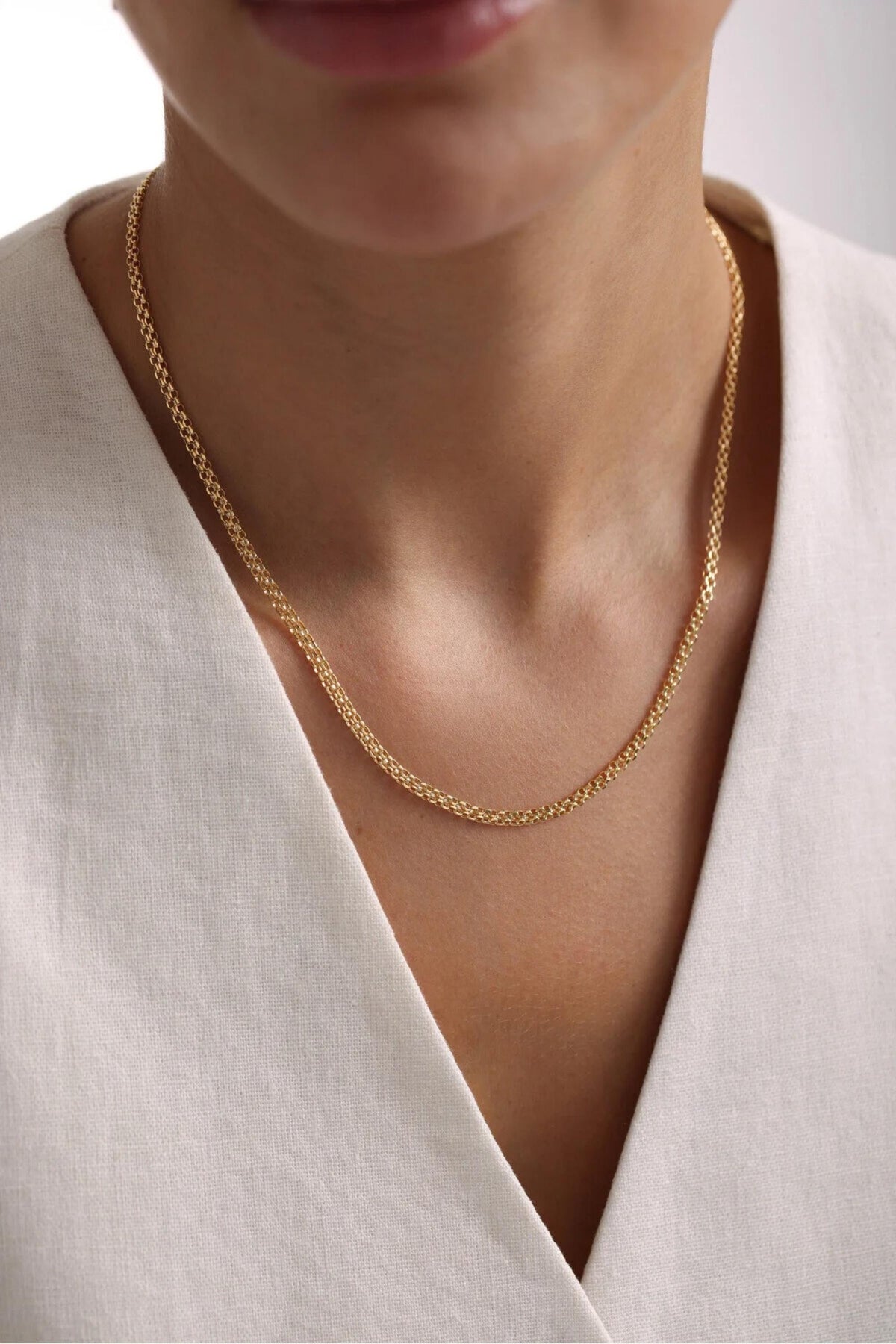 14K Gold 4mm Bismarck Necklace, Woven Gold Chain Necklace, Classic Link Chain, Luxury Everyday Jewelry, Layering Necklace for Women