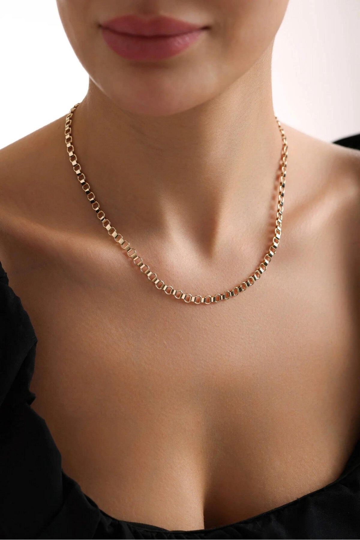 14K Gold 5mm Belt Link Necklace, Modern Gold Chain Necklace, Geometric Link Chain, Statement Layering Jewelry, Gift for Women
