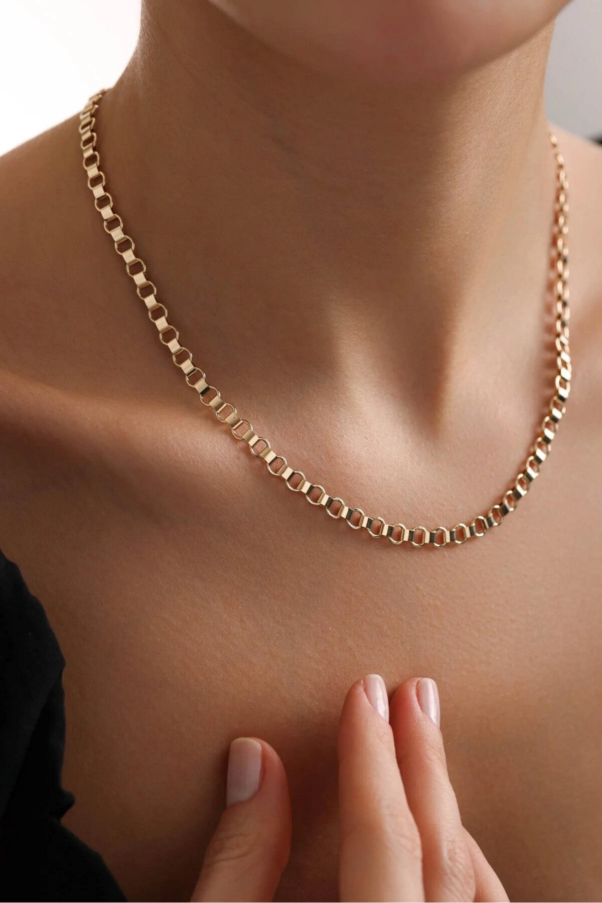 14K Gold 5mm Belt Link Necklace, Modern Gold Chain Necklace, Geometric Link Chain, Statement Layering Jewelry, Gift for Women