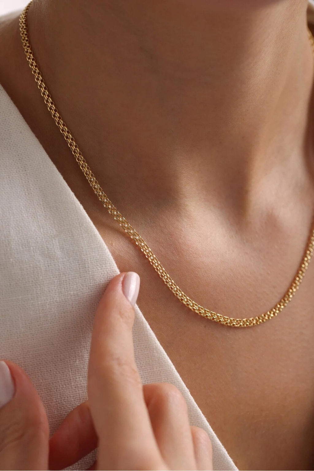 14K Gold 4mm Bismarck Necklace, Woven Gold Chain Necklace, Classic Link Chain, Luxury Everyday Jewelry, Layering Necklace for Women