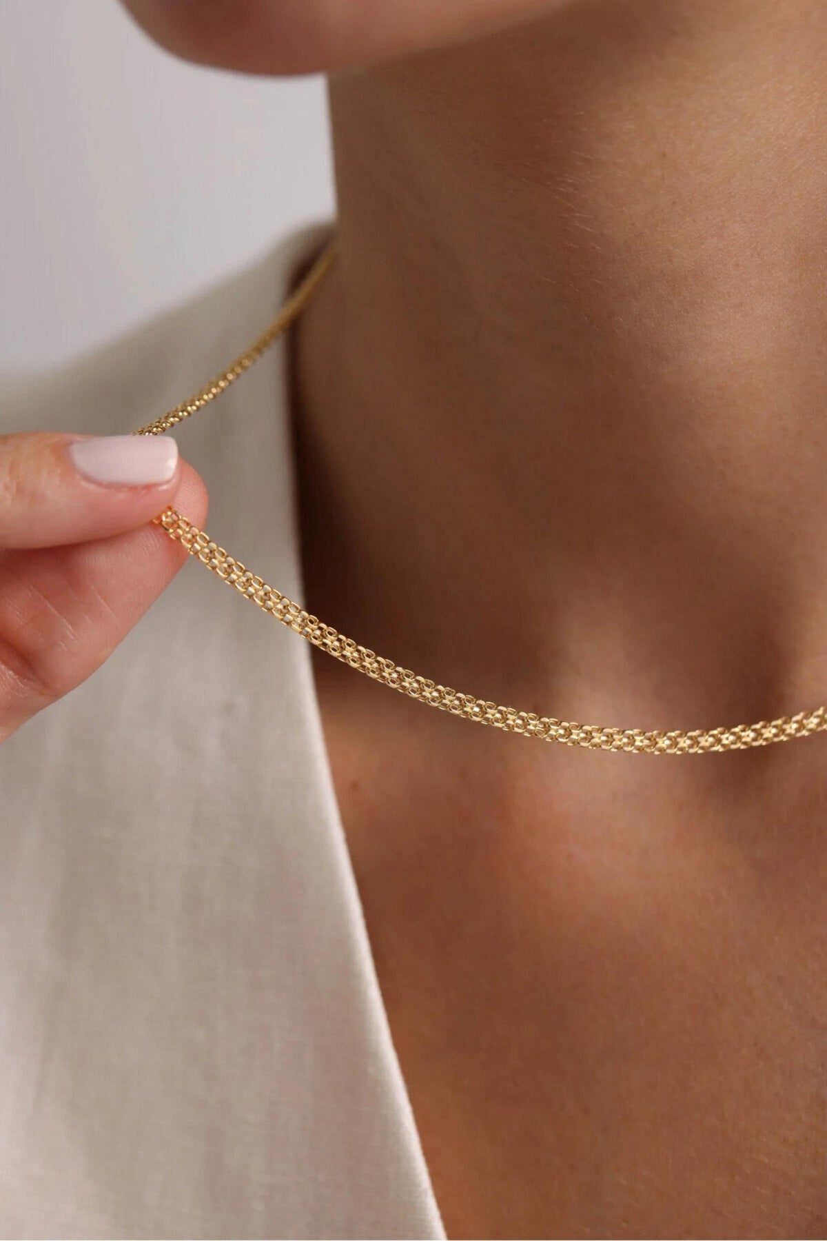 14K Gold 4mm Bismarck Necklace, Woven Gold Chain Necklace, Classic Link Chain, Luxury Everyday Jewelry, Layering Necklace for Women