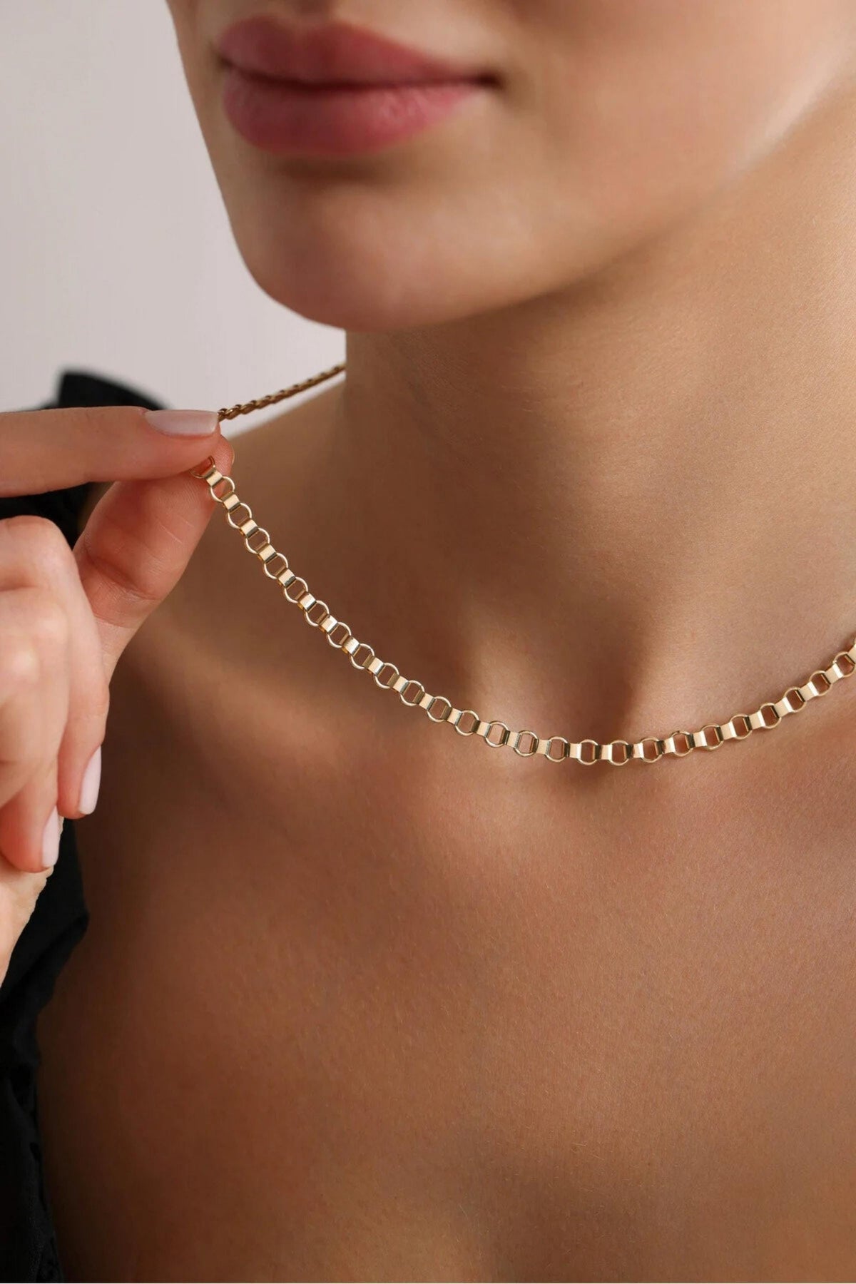 14K Gold 5mm Belt Link Necklace, Modern Gold Chain Necklace, Geometric Link Chain, Statement Layering Jewelry, Gift for Women