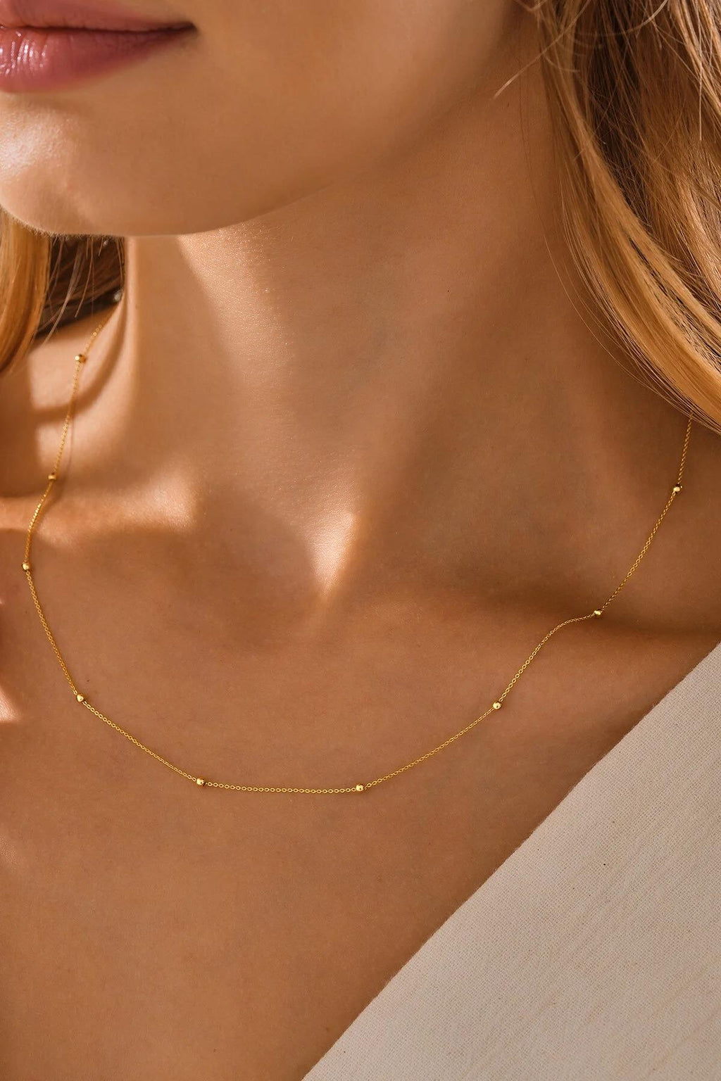 14K Gold Satellite Necklace, Station Chain Jewelry, Dainty Beaded Gold Chain, Elegant Layering Necklace, Delicate Everyday Gift for Women
