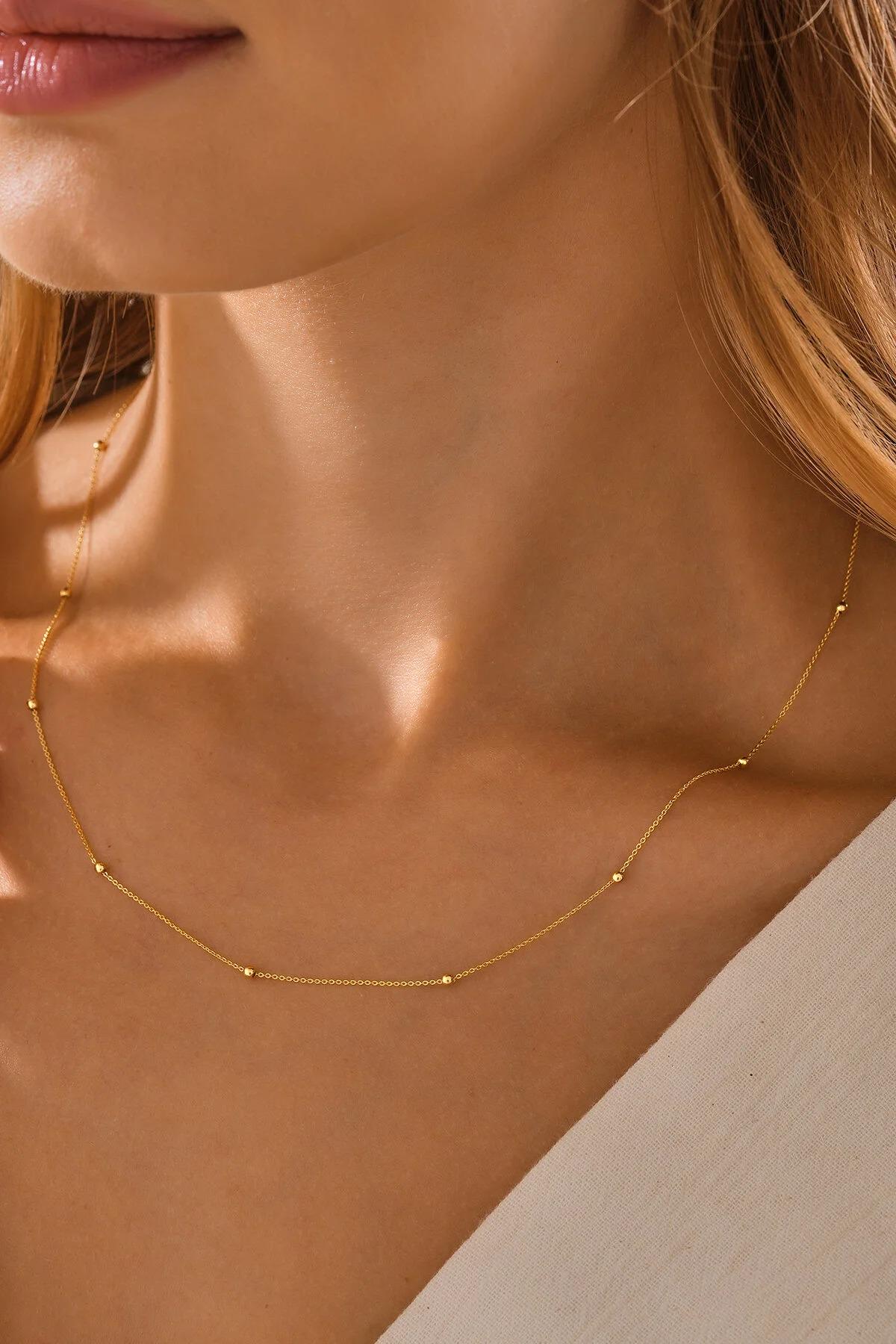 14K Gold Satellite Necklace, Station Chain Jewelry, Dainty Beaded Gold Chain, Elegant Layering Necklace, Delicate Everyday Gift for Women
