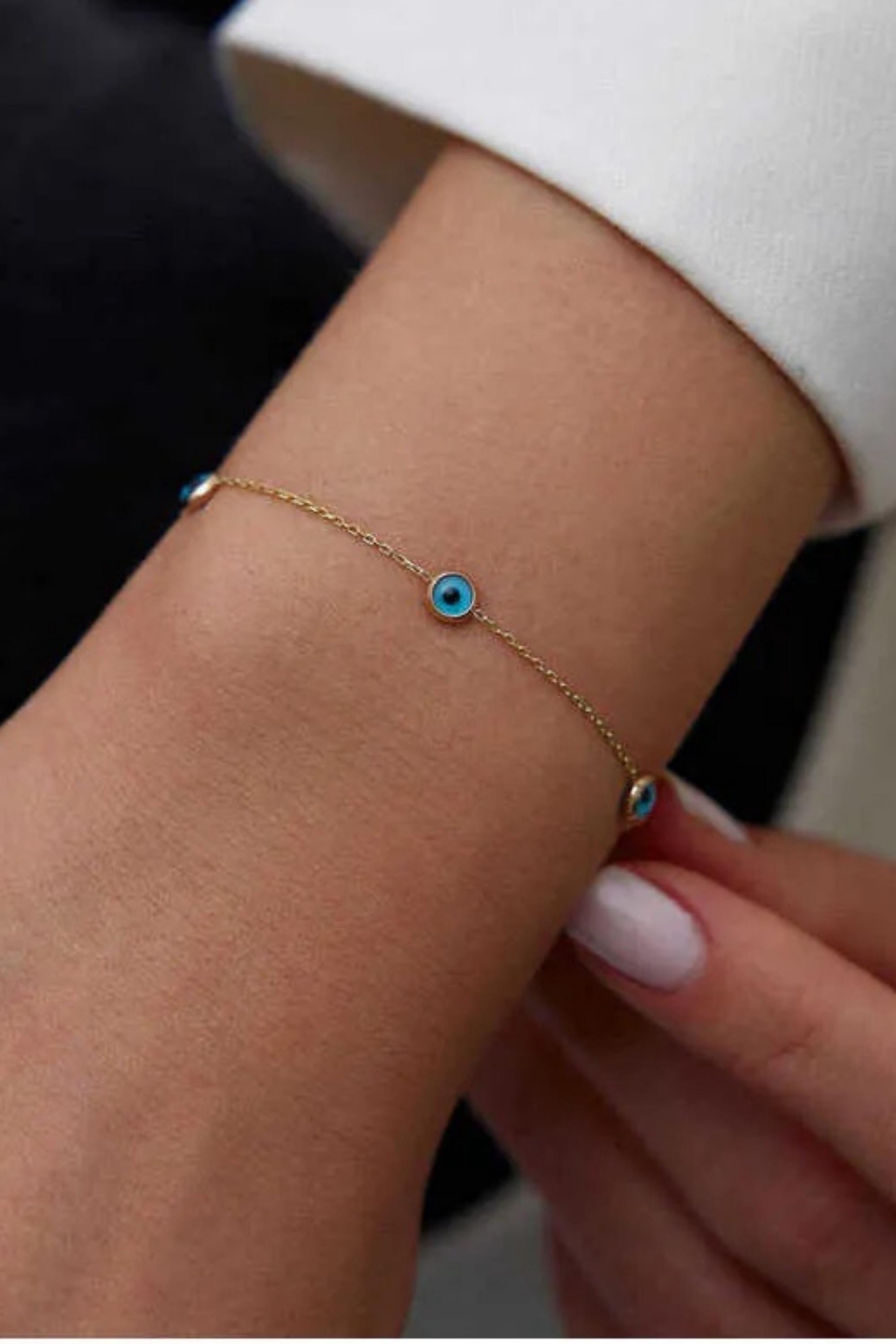 14K Gold Evil Eye Bracelet, Protective Nazar Jewelry, Dainty Gold Chain, Symbolic Charm Bracelet, Elegant Everyday Gift for Women