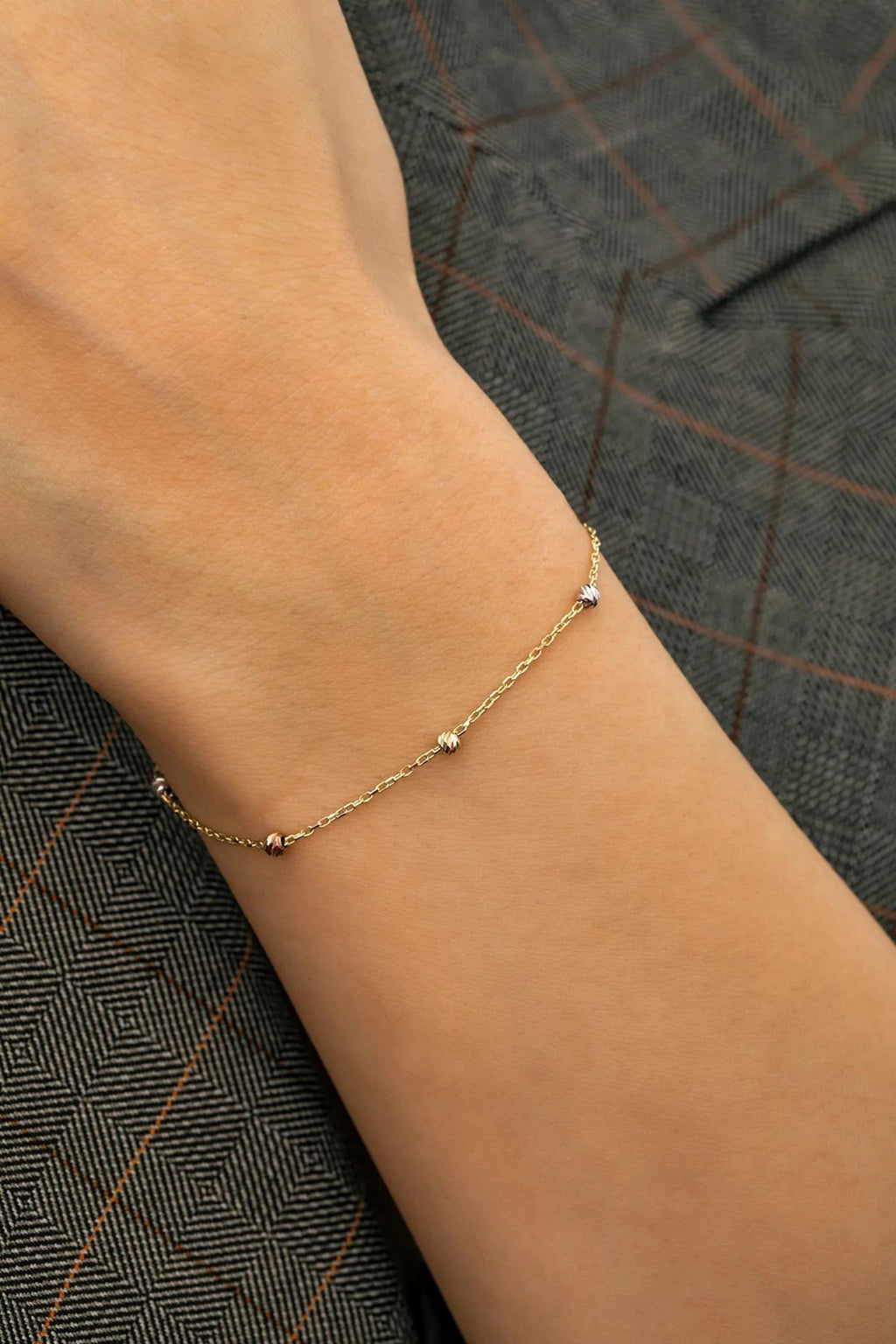 14K Gold Satellite Bracelet, Delicate Station Chain, Dainty Beaded Gold Links, Elegant Layering Jewelry, Timeless Everyday Gift for Women