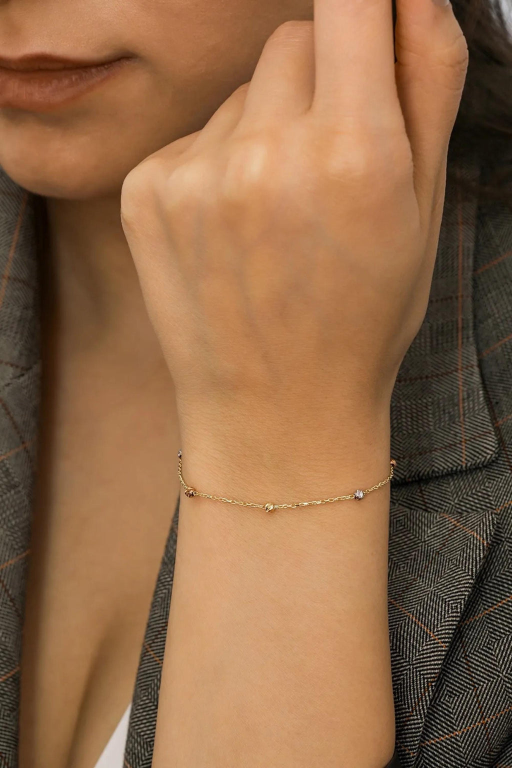 14K Gold Satellite Bracelet, Delicate Station Chain, Dainty Beaded Gold Links, Elegant Layering Jewelry, Timeless Everyday Gift for Women