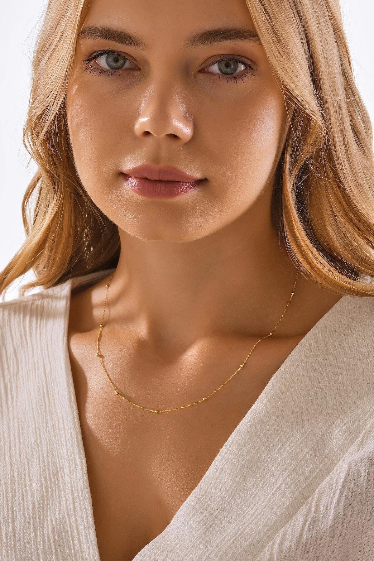 14K Gold Satellite Necklace, Station Chain Jewelry, Dainty Beaded Gold Chain, Elegant Layering Necklace, Delicate Everyday Gift for Women