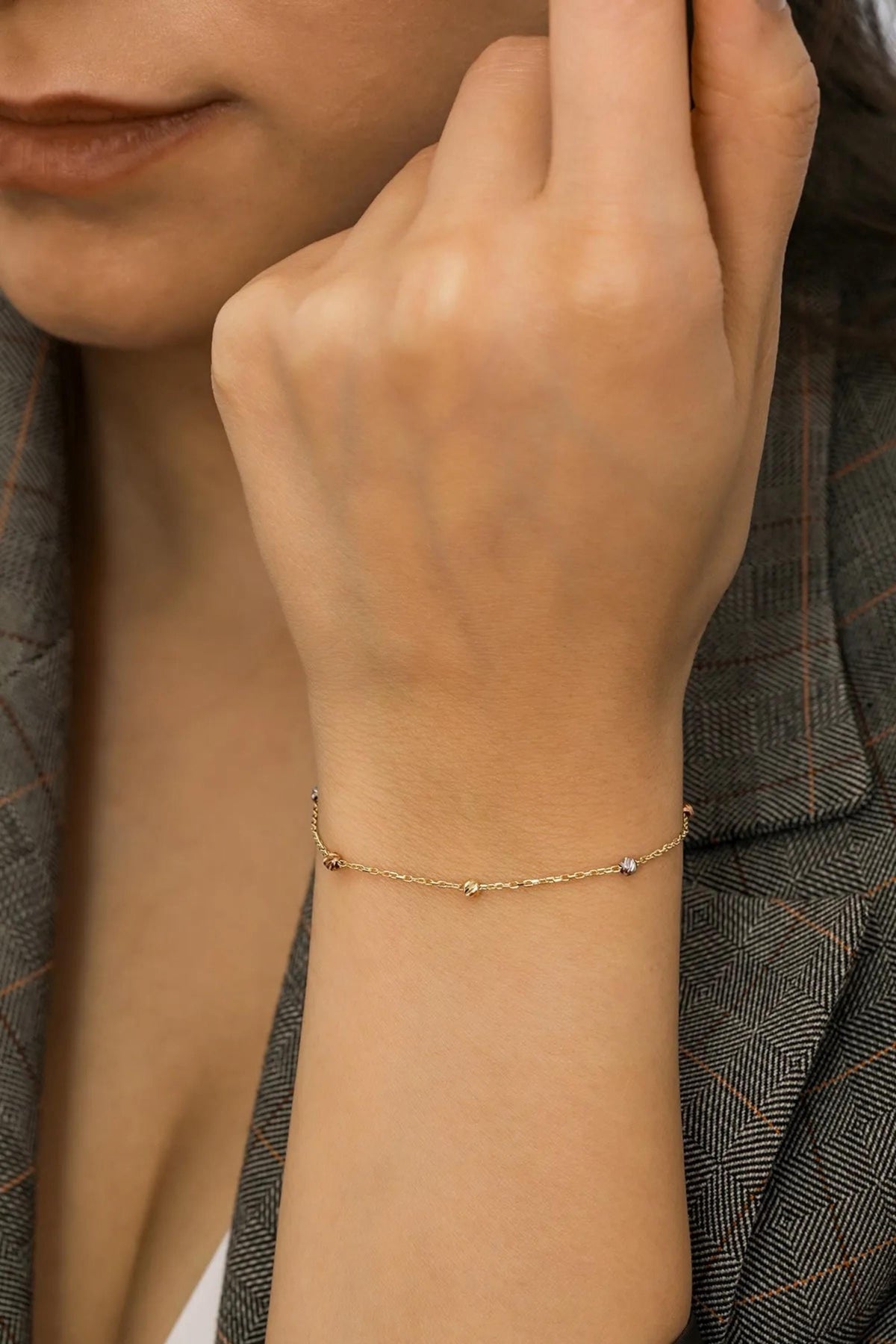 14K Gold Satellite Bracelet, Delicate Station Chain, Dainty Beaded Gold Links, Elegant Layering Jewelry, Timeless Everyday Gift for Women