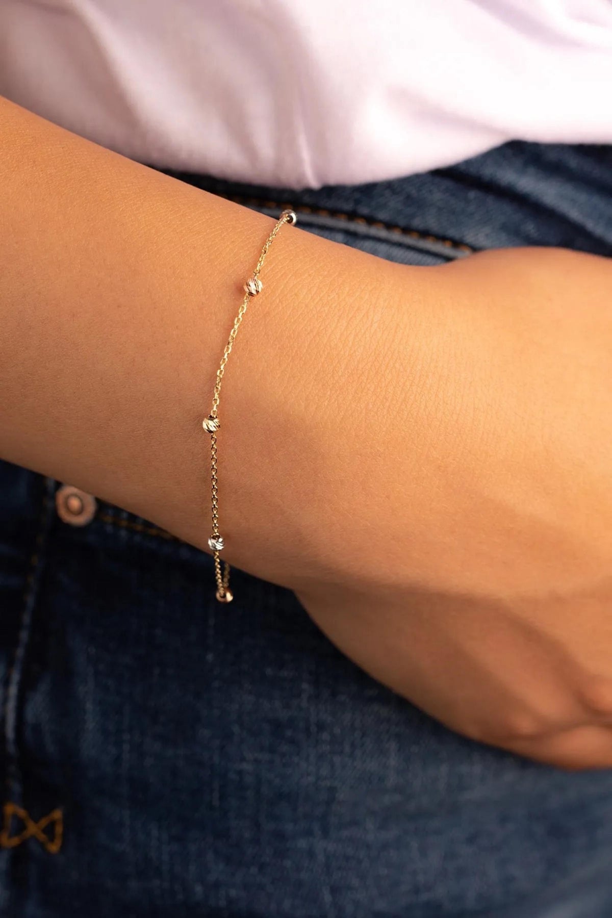 14K Gold Satellite Bracelet, Delicate Station Chain, Dainty Beaded Gold Links, Elegant Layering Jewelry, Timeless Everyday Gift for Women