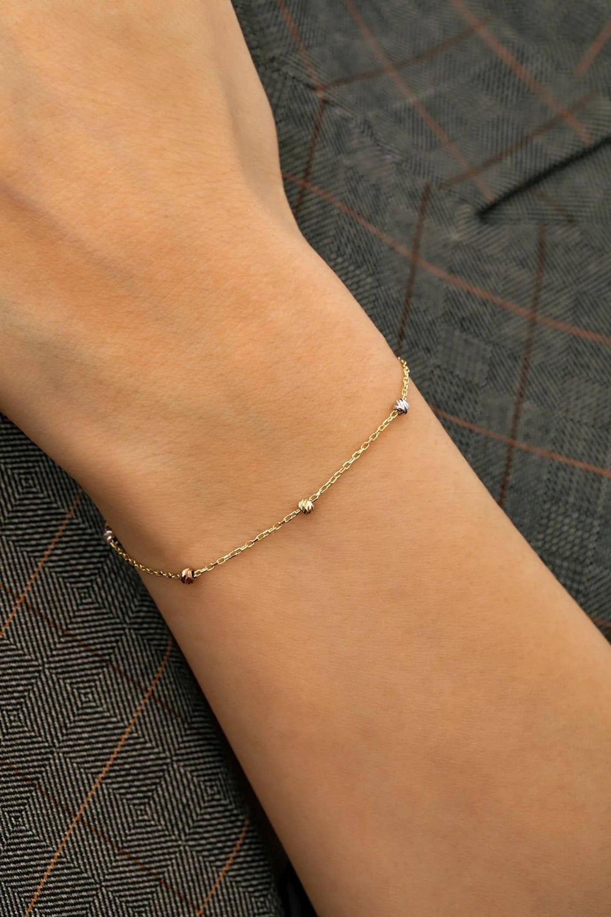 14K Gold Satellite Bracelet, Delicate Station Chain, Dainty Beaded Gold Links, Elegant Layering Jewelry, Timeless Everyday Gift for Women
