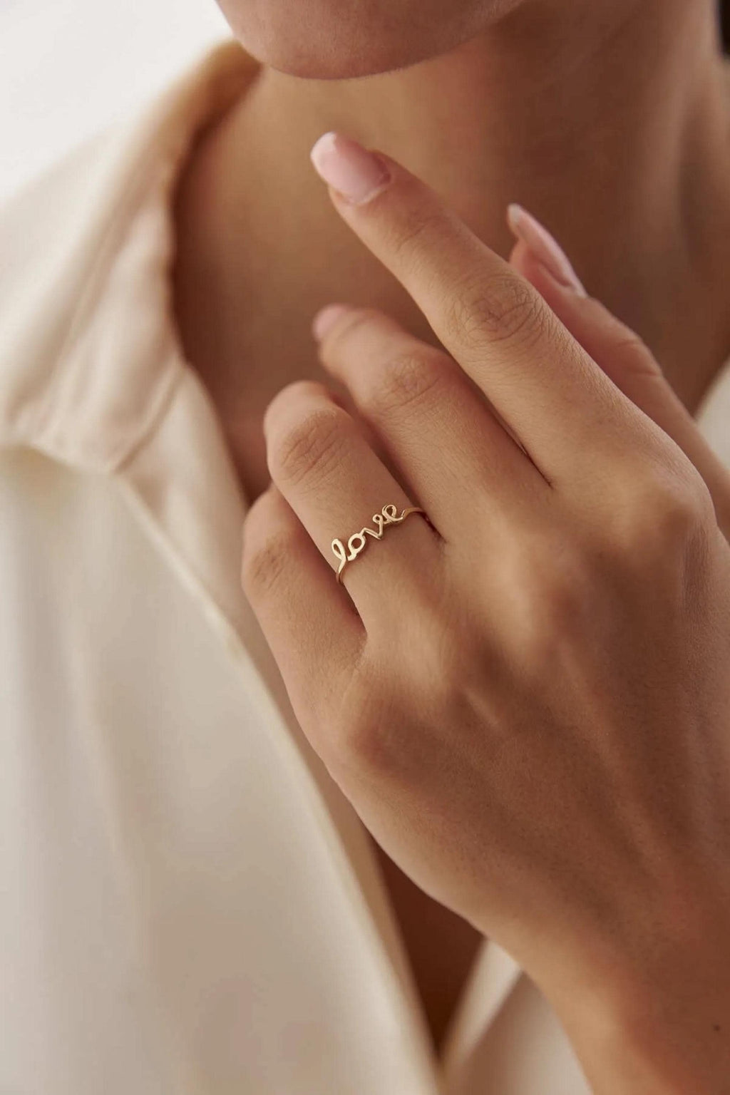 14K Gold Love Typography Ring, Script Letter Ring, Dainty Statement Gold Ring, Personalized Style Jewelry, Elegant Everyday Gift for Her