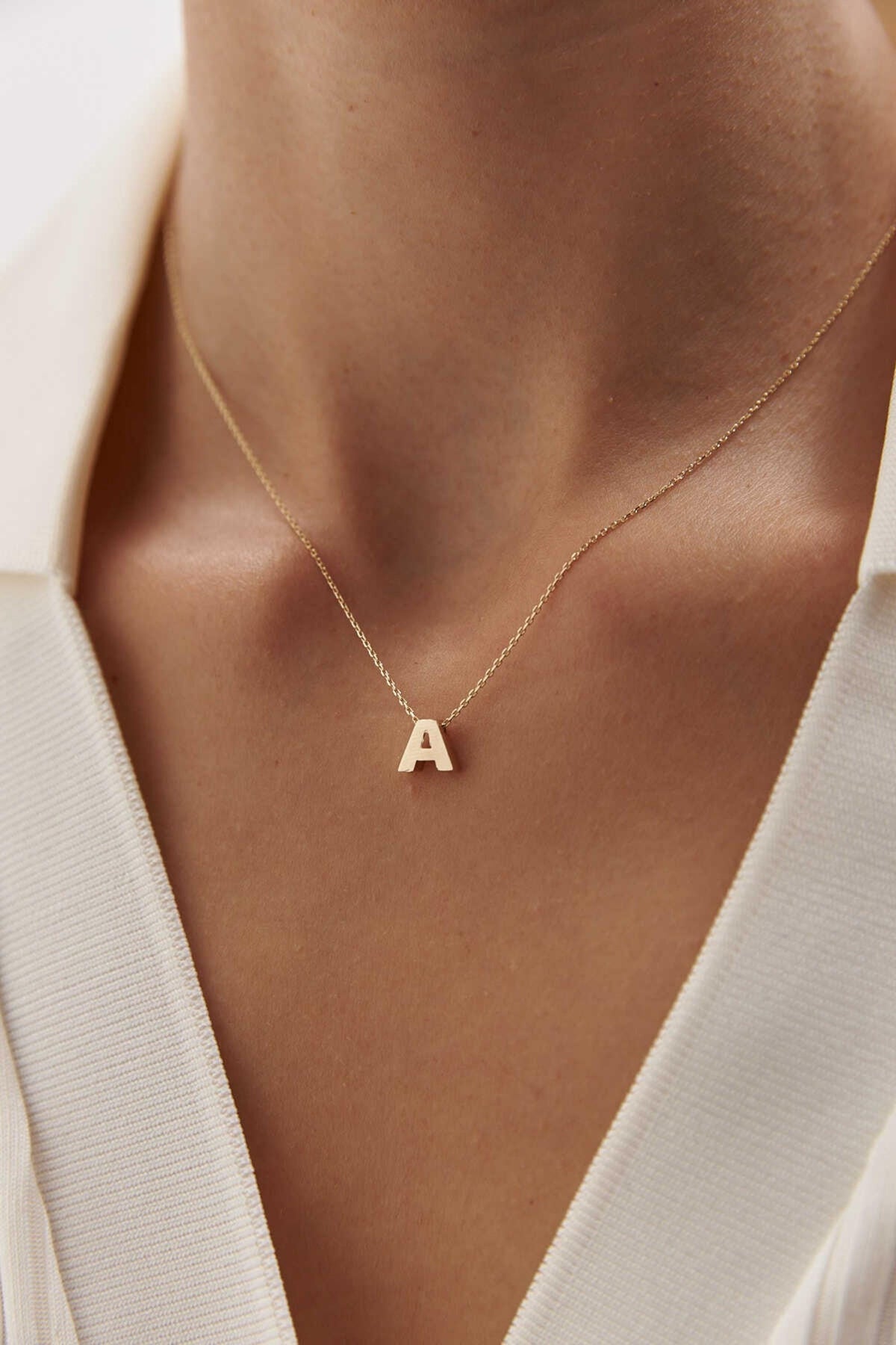 14K Gold Initial Necklace, Personalized Letter Pendant, Dainty Gold Initial Jewelry, Custom Name Style Necklace, Elegant Gift for Women