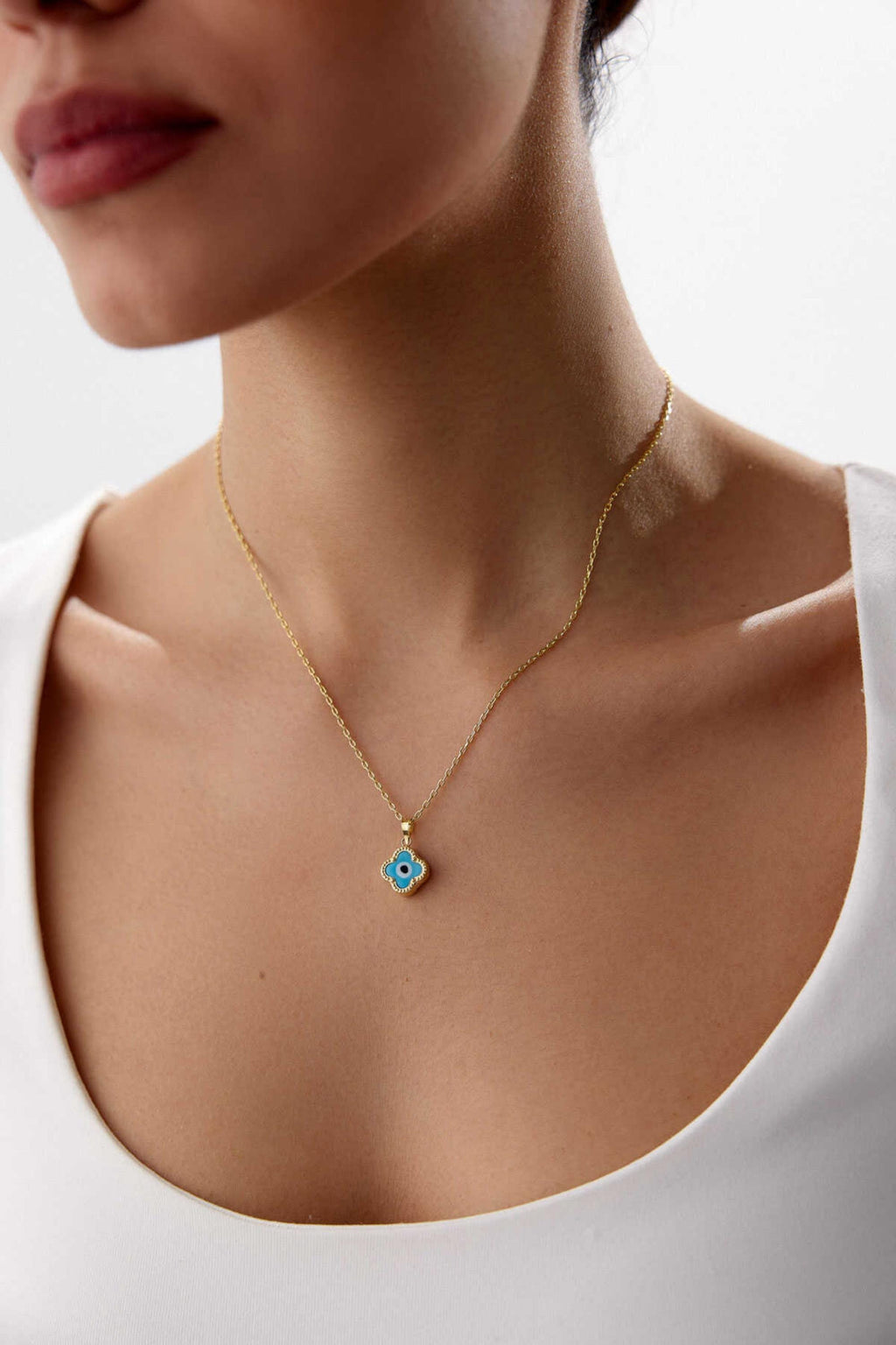 14K Gold Clover Evil Eye Necklace, Lucky Clover Nazar Pendant, Protective Symbol Jewelry, Dainty Gold Layering Necklace, Gift for Women