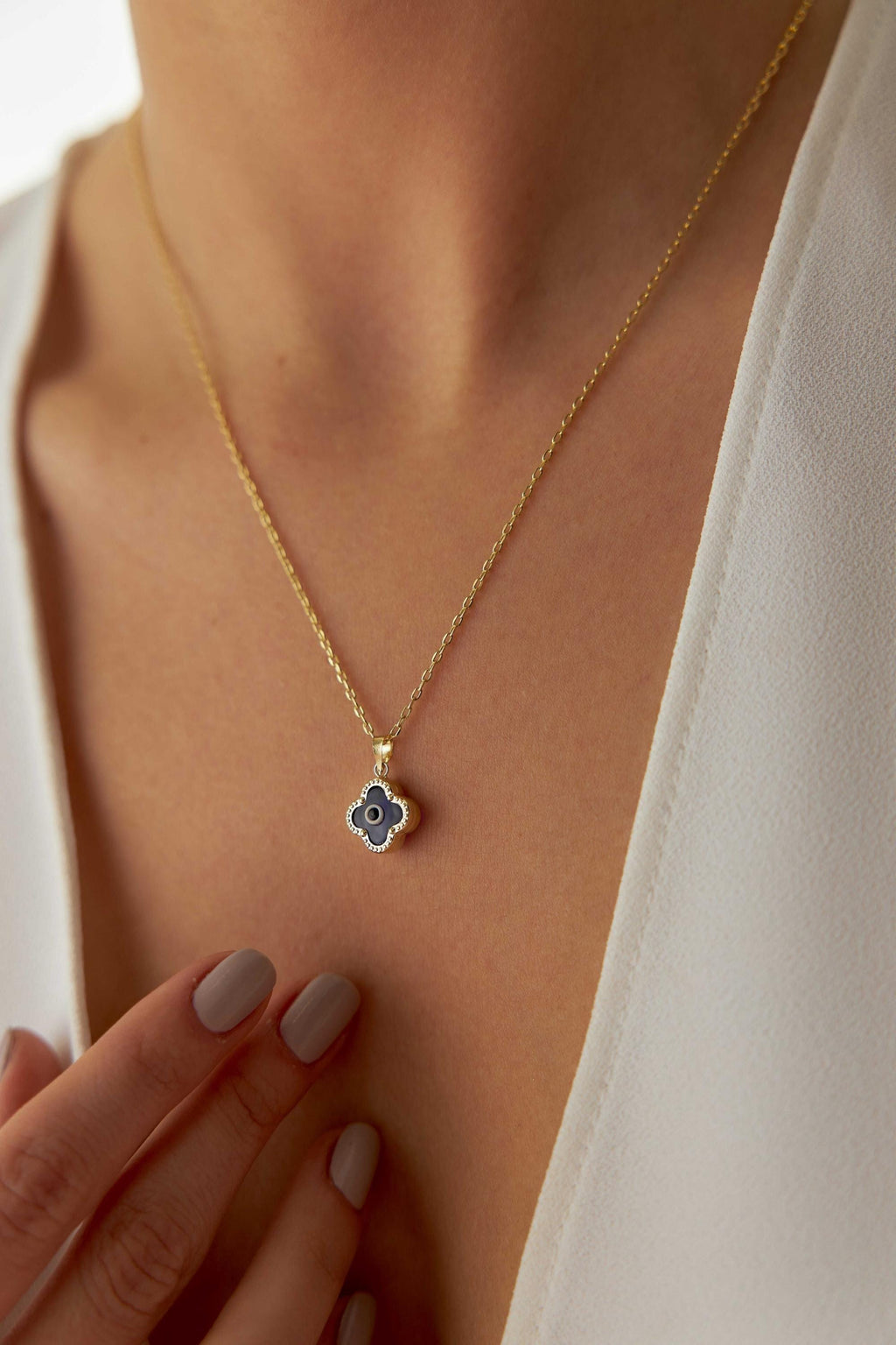 14K Gold Clover Evil Eye Necklace, Lucky Clover Nazar Pendant, Protective Symbol Jewelry, Dainty Gold Layering Necklace, Gift for Women