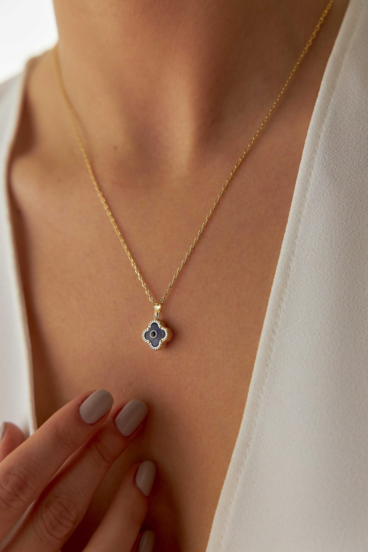 14K Gold Clover Evil Eye Necklace, Lucky Clover Nazar Pendant, Protective Symbol Jewelry, Dainty Gold Layering Necklace, Gift for Women