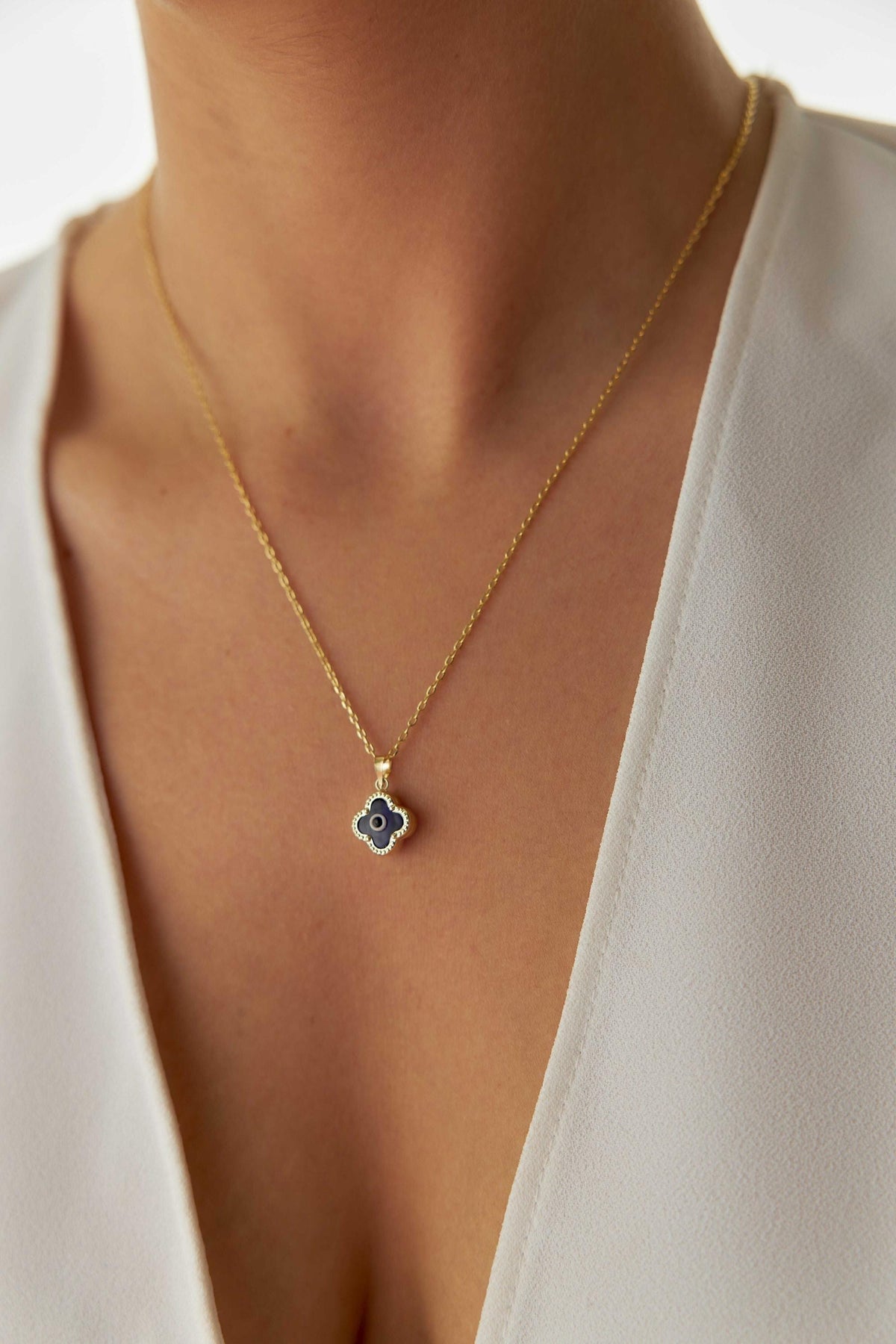 14K Gold Clover Evil Eye Necklace, Lucky Clover Nazar Pendant, Protective Symbol Jewelry, Dainty Gold Layering Necklace, Gift for Women