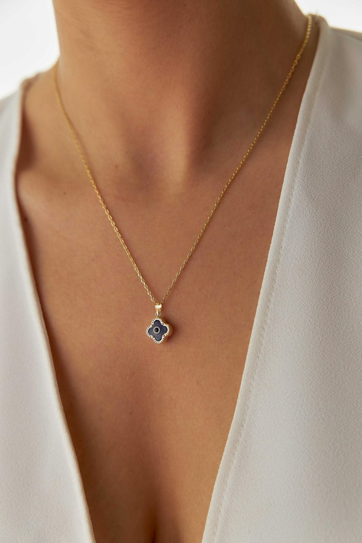 14K Gold Clover Evil Eye Necklace, Lucky Clover Nazar Pendant, Protective Symbol Jewelry, Dainty Gold Layering Necklace, Gift for Women