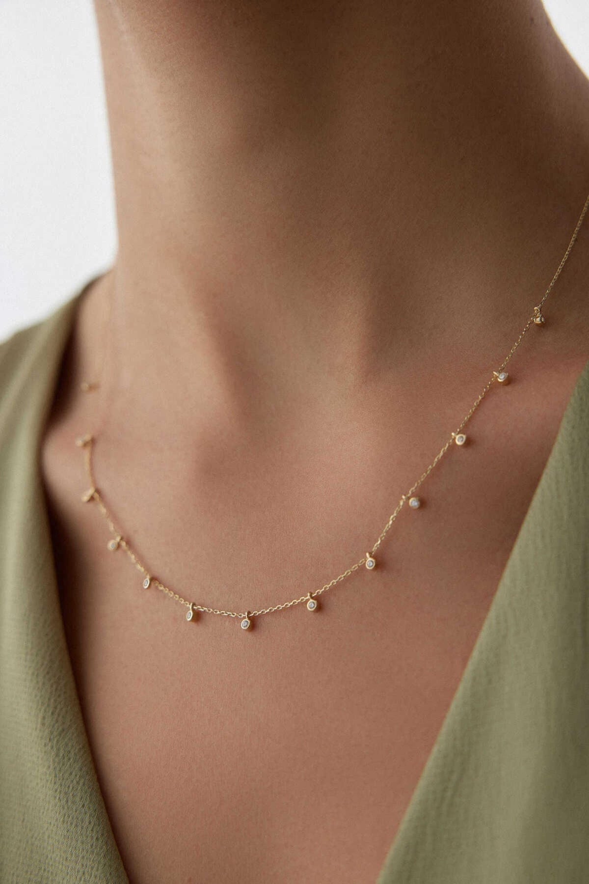 14K Gold CZ Station Necklace, Dainty Bezel Chain, Sparkling White Stone Necklace, Elegant Layering Jewelry, Delicate Everyday Gift