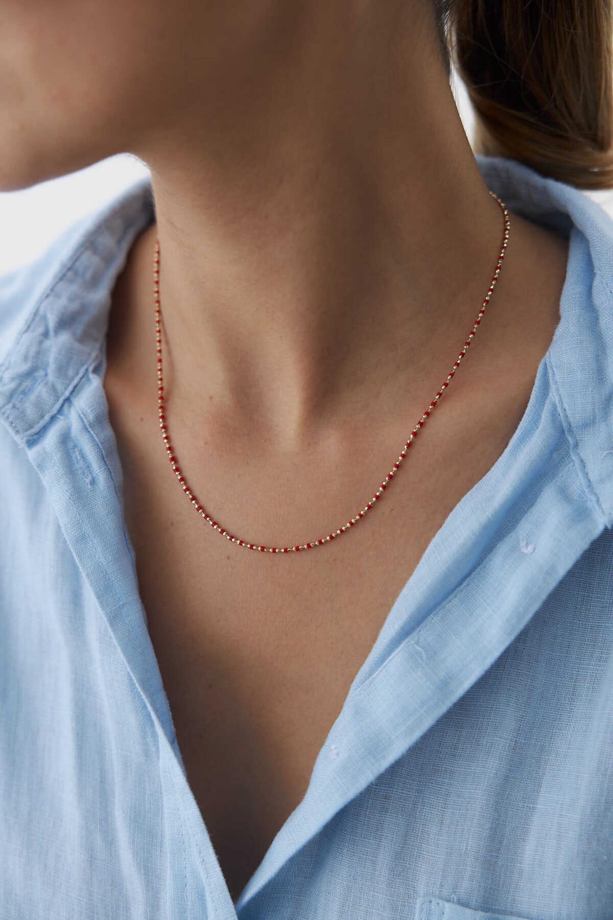 14K Gold Colorful Red Bead Necklace, Red Beaded Gold Chain, Vibrant Dainty Jewelry, Elegant Layering Necklace, Everyday Gift for Women