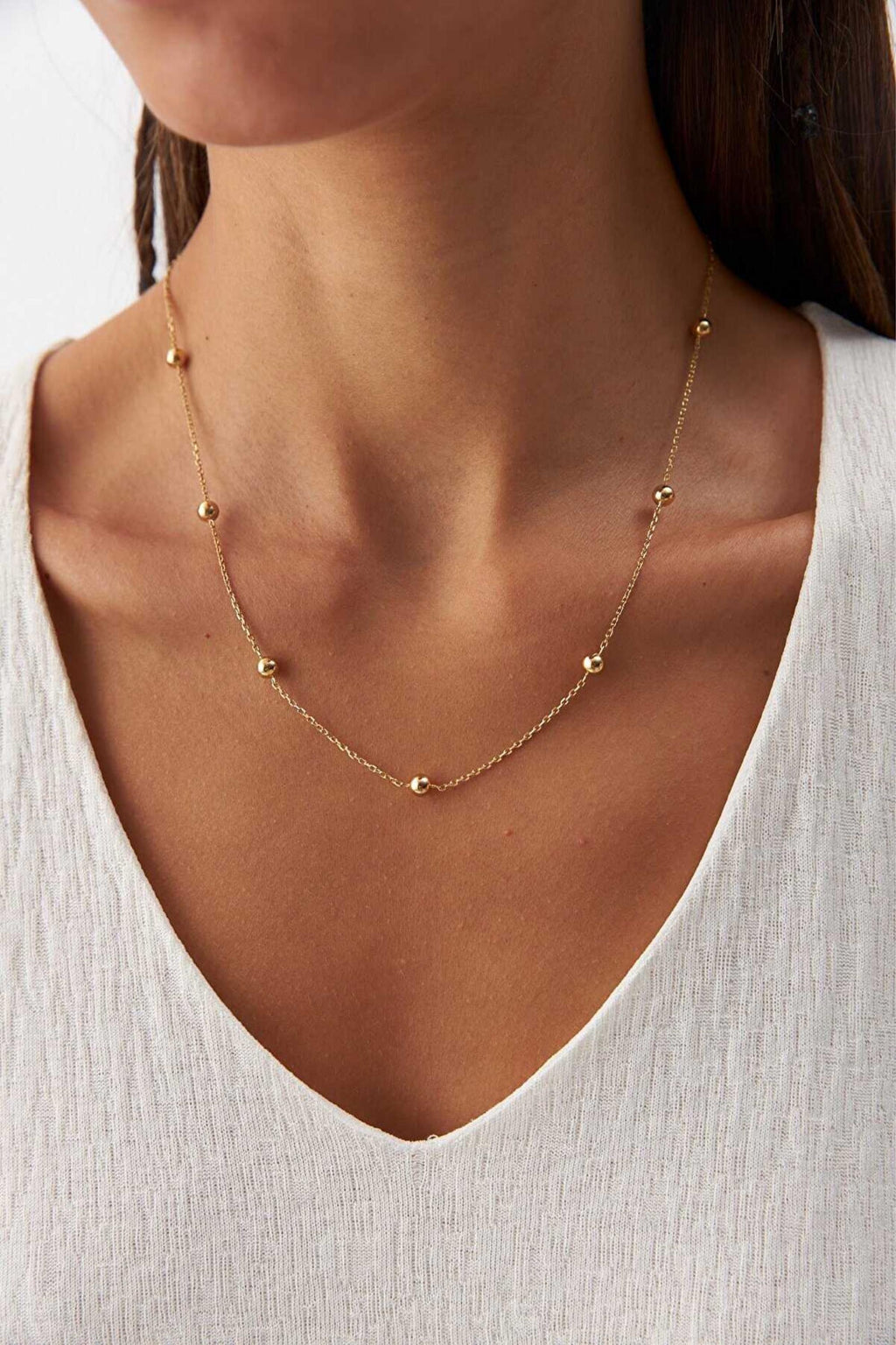 14K Gold Satellite Necklace, Station Chain Jewelry, Dainty Beaded Gold Chain, Elegant Layering Necklace, Delicate Everyday Gift for Women