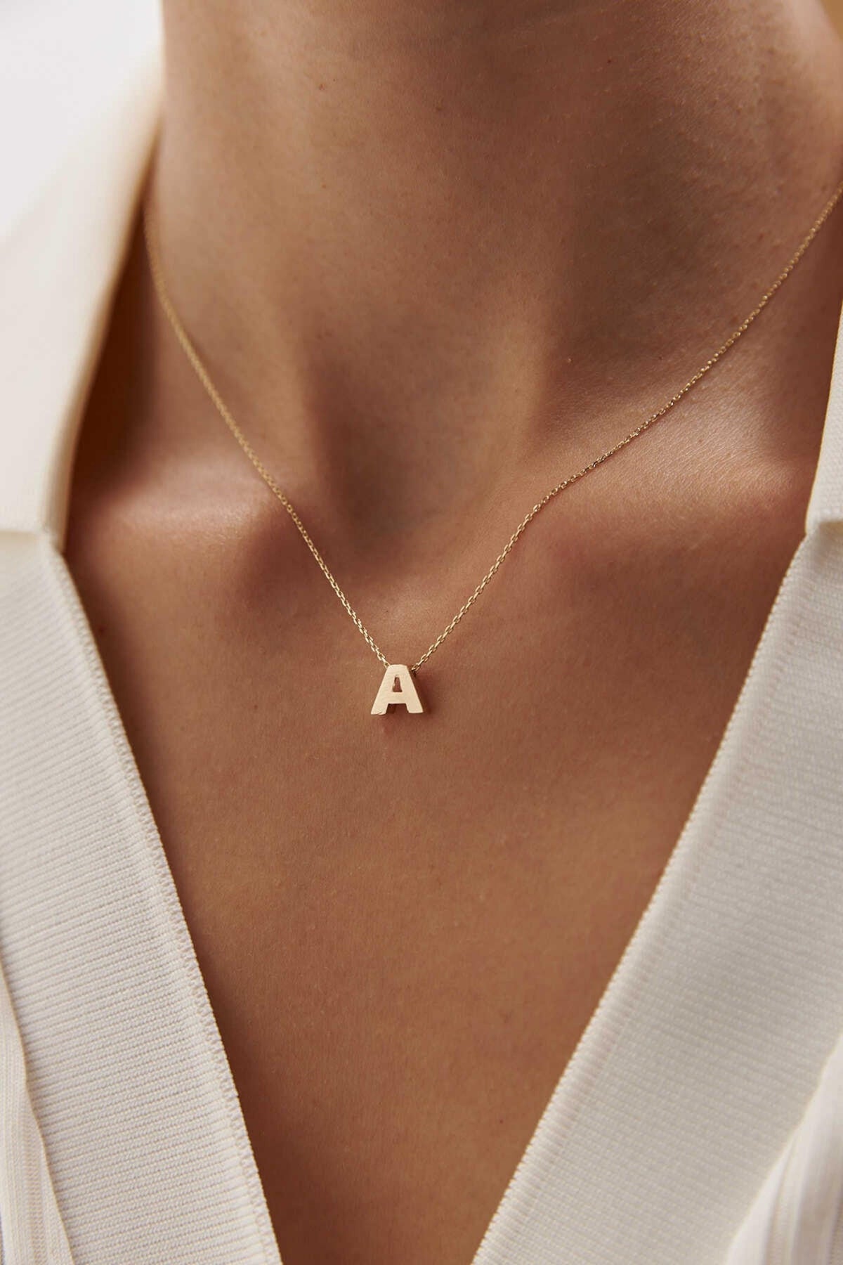 14K Gold Initial Necklace, Personalized Letter Pendant, Dainty Gold Initial Jewelry, Custom Name Style Necklace, Elegant Gift for Women