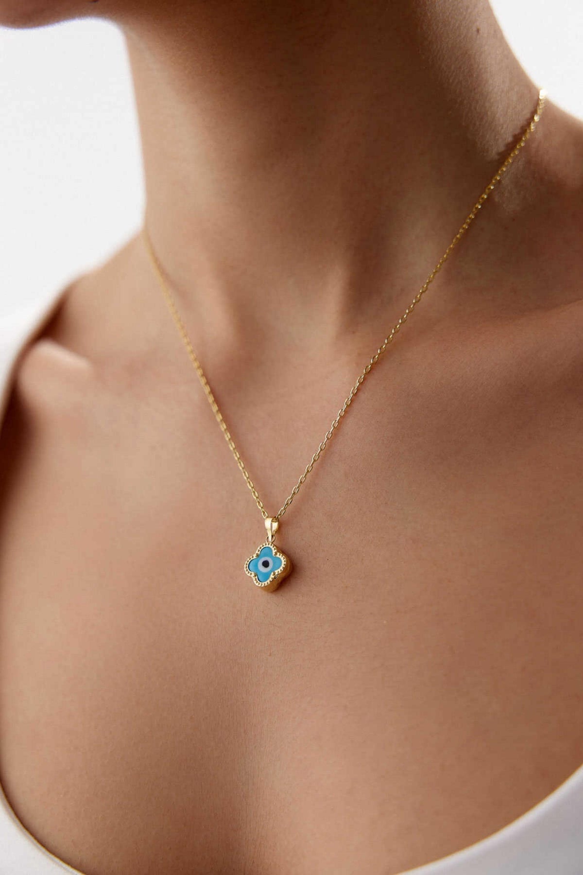14K Gold Clover Evil Eye Necklace, Lucky Clover Nazar Pendant, Protective Symbol Jewelry, Dainty Gold Layering Necklace, Gift for Women