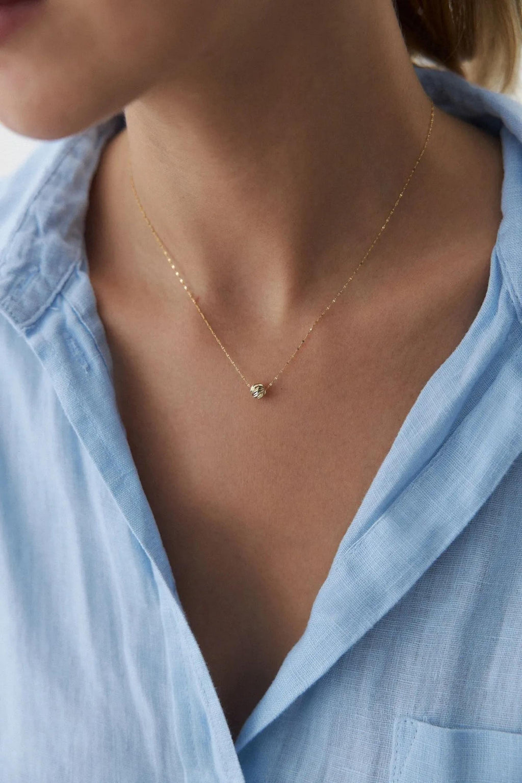 14K Gold Dorica Bead Necklace, Textured Round Gold Pendant, Dainty Minimalist Jewelry, Elegant Everyday Layering Necklace for Women