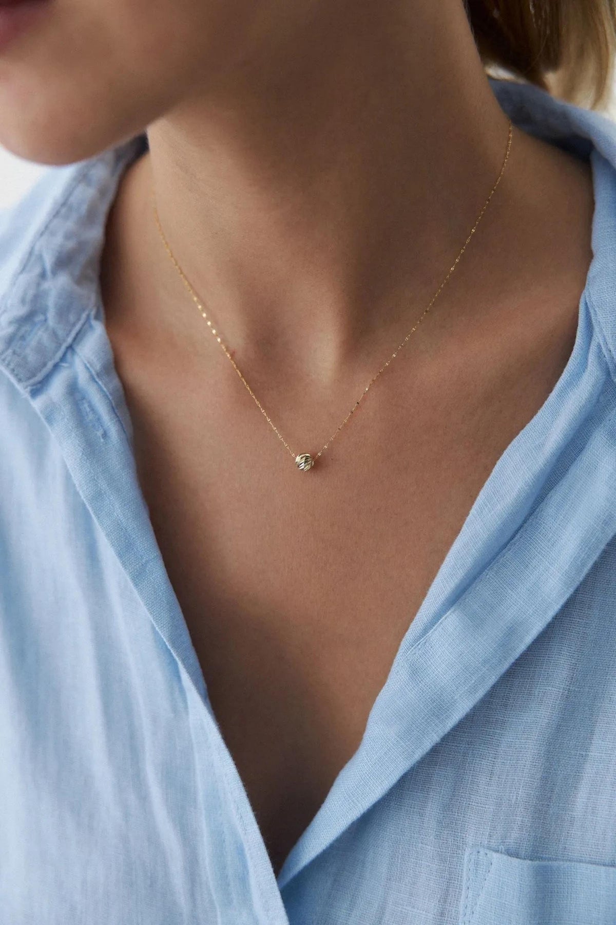 14K Gold Dorica Bead Necklace, Textured Round Gold Pendant, Dainty Minimalist Jewelry, Elegant Everyday Layering Necklace for Women
