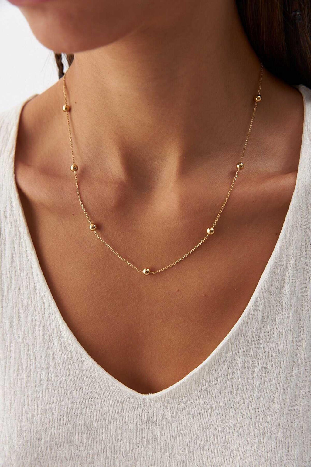 14K Gold Satellite Necklace, Station Chain Jewelry, Dainty Beaded Gold Chain, Elegant Layering Necklace, Delicate Everyday Gift for Women