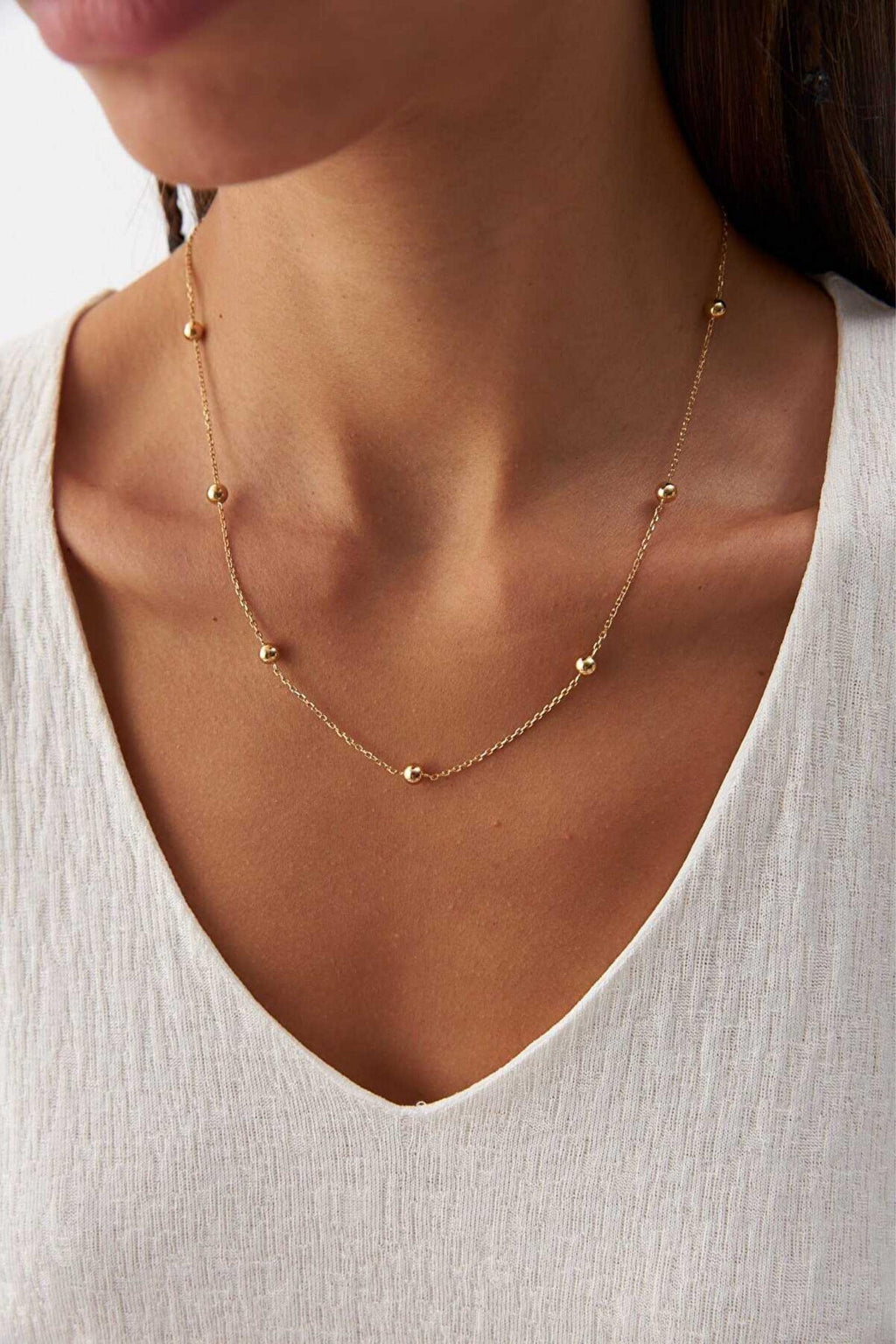 14K Gold Satellite Necklace, Station Chain Jewelry, Dainty Beaded Gold Chain, Elegant Layering Necklace, Delicate Everyday Gift for Women