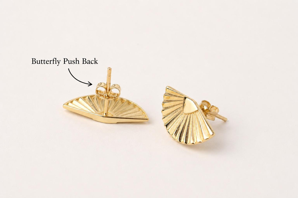 14K Gold Fan Stud Earrings, Fluted Shell Studs, Art Deco Statement Earrings, Minimalist Everyday Jewelry, Elegant Gift for Women