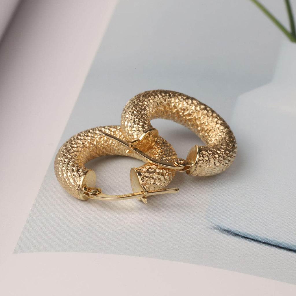 14K Gold Chunky Textured Hoop Earrings, Thick Diamond Cut Hoops, Bold Sparkle Earrings, Everyday Fine Jewelry, Gift for Women